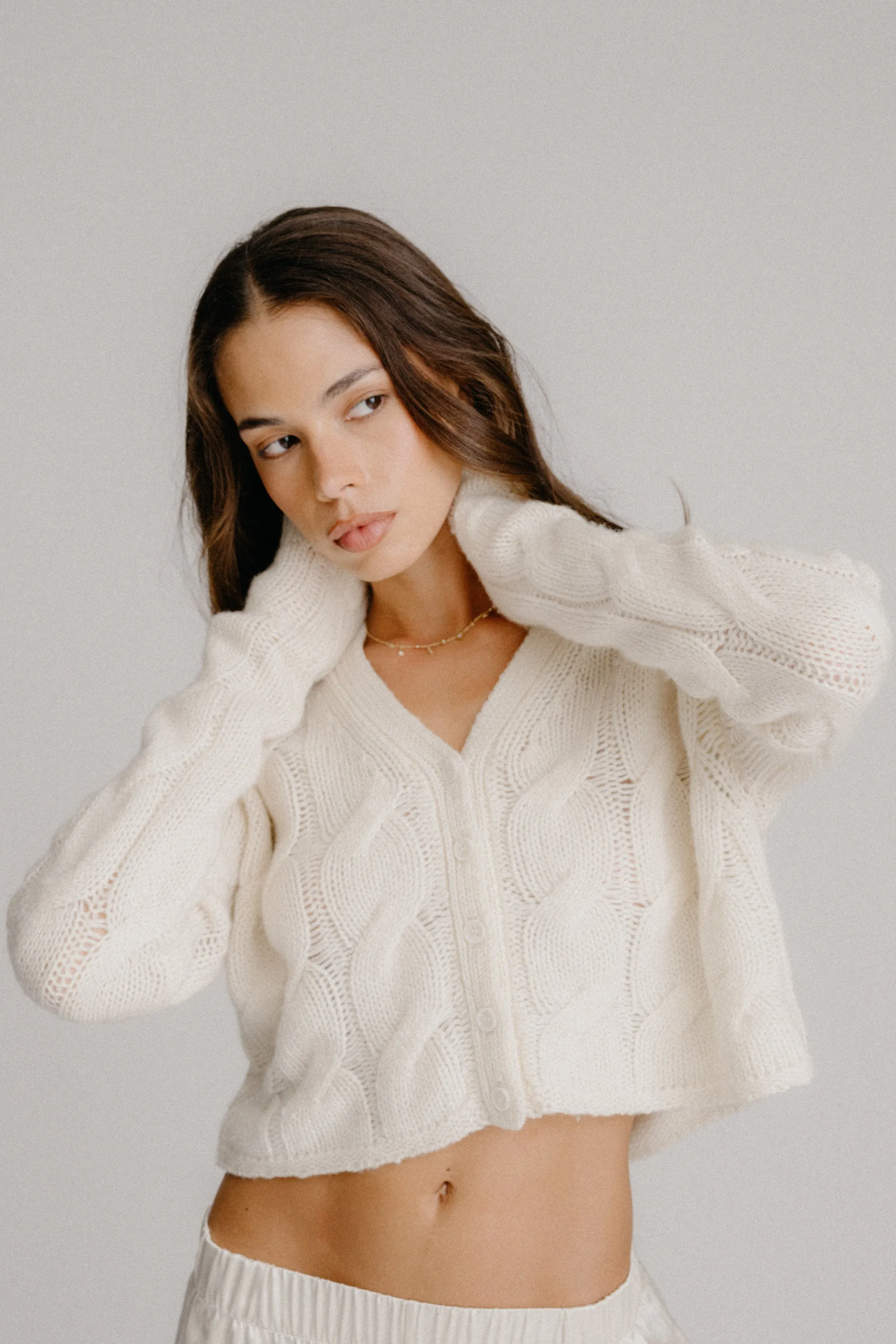 JOLIE V-NECK OPEN KNIT CROPPED CASHMERE CARDIGAN | GARDENIA sold by Sablyn product image thumbnail 2