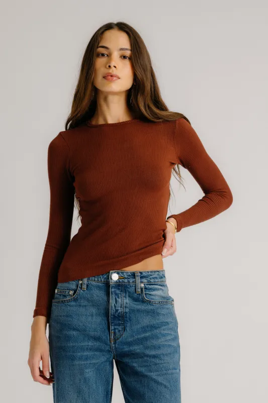 QUINCY LS FITTED CREWNECK TEE | MAHOGANY sold by Sablyn