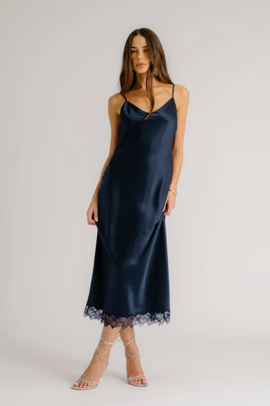 TAYLOR V-NECK BIAS CUT SILK DRESS W/ LACE | MIDNIGHT NAVY sold by Sablyn