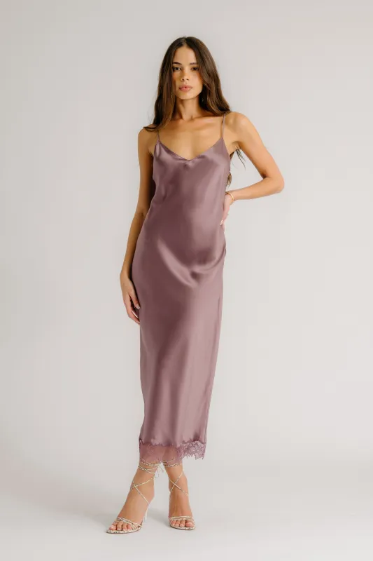 TAYLOR  V-NECK BIAS CUT SILK DRESS W/ LACE | DUSTY VIOLET sold by Sablyn