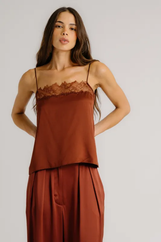 HAYA LACE TRIM SQUARE NECK SILK CAMI | MAHOGANY sold by Sablyn
