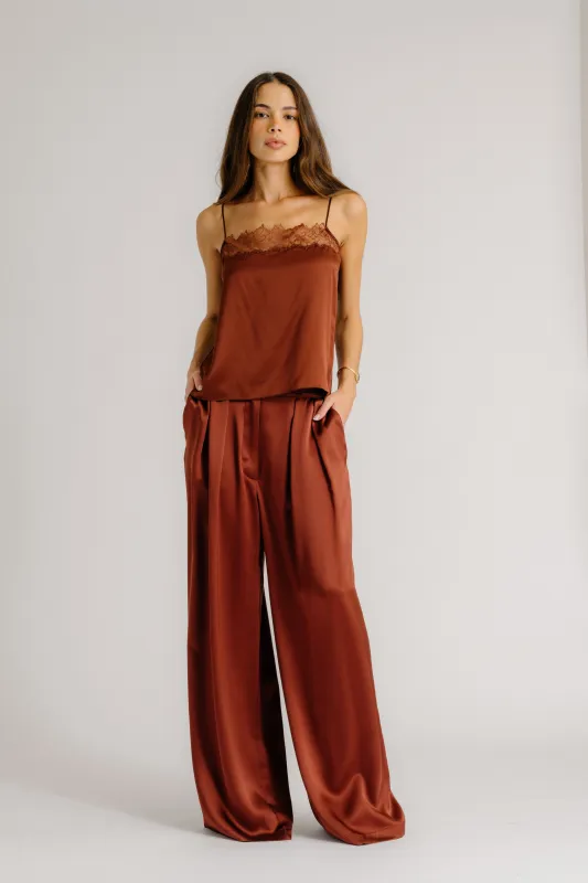 BROOKE HIGH RISE DOUBLE PLEAT SILK TROUSER | MAHOGANY sold by Sablyn