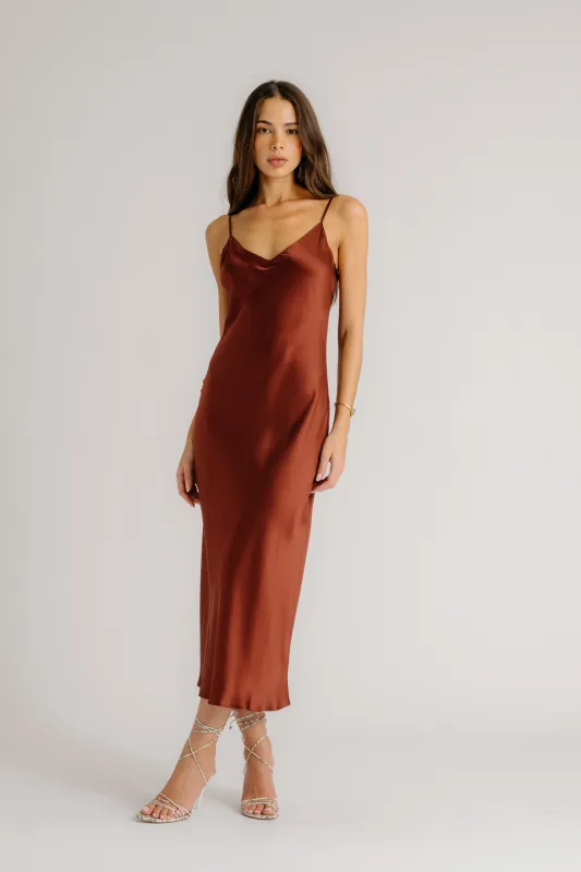 TAYLOR V-NECK BIAS CUT SILK DRESS | MAHOGANY sold by Sablyn