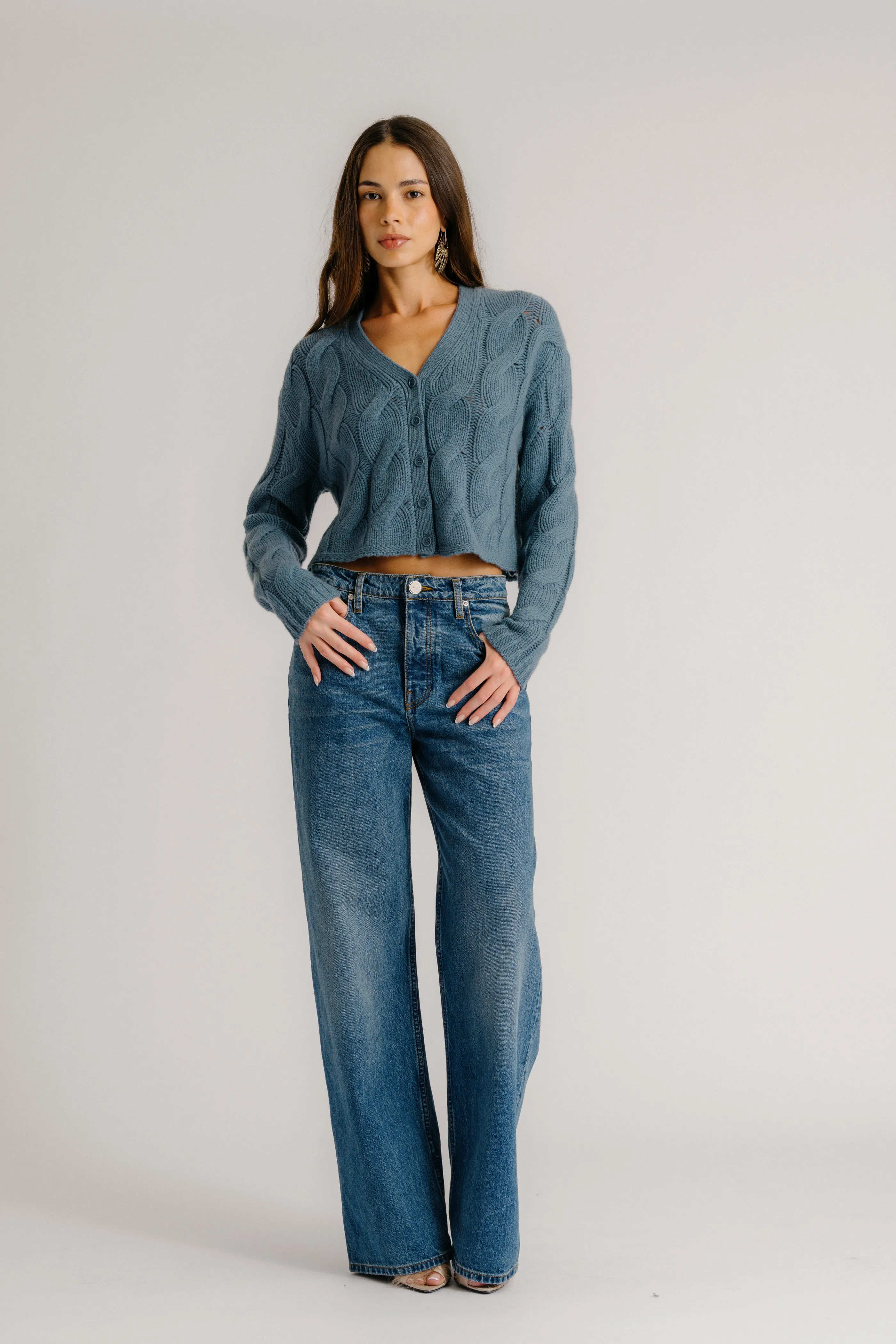 JOLIE V-NECK CROPPED CASHMERE CABLE KNIT CARDIGAN | SMOKY BLUE sold by Sablyn product image thumbnail 2