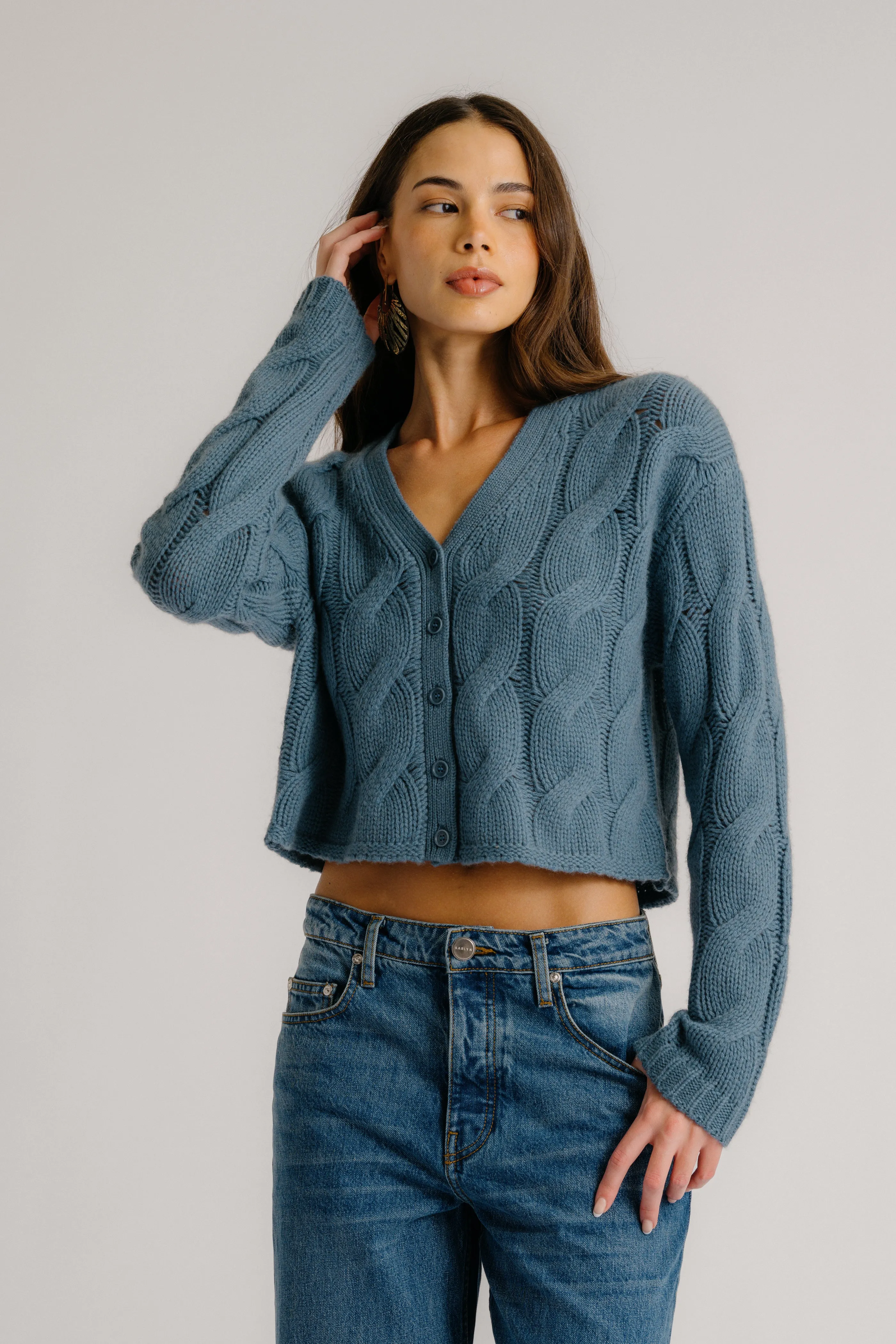 JOLIE V-NECK CROPPED CASHMERE CABLE KNIT CARDIGAN | SMOKY BLUE sold by Sablyn