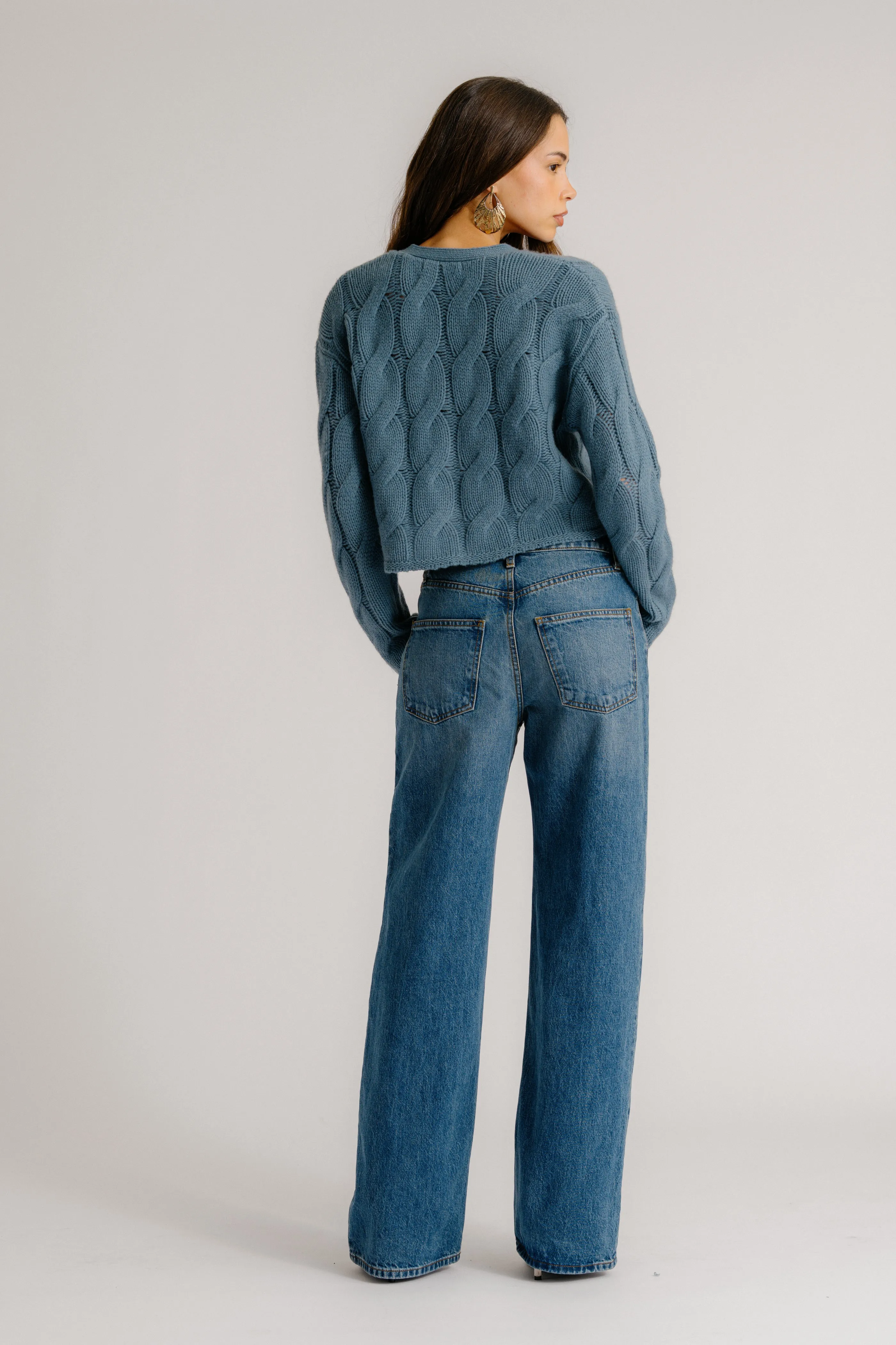 JOLIE V-NECK CROPPED CASHMERE CABLE KNIT CARDIGAN | SMOKY BLUE sold by Sablyn product image thumbnail 3