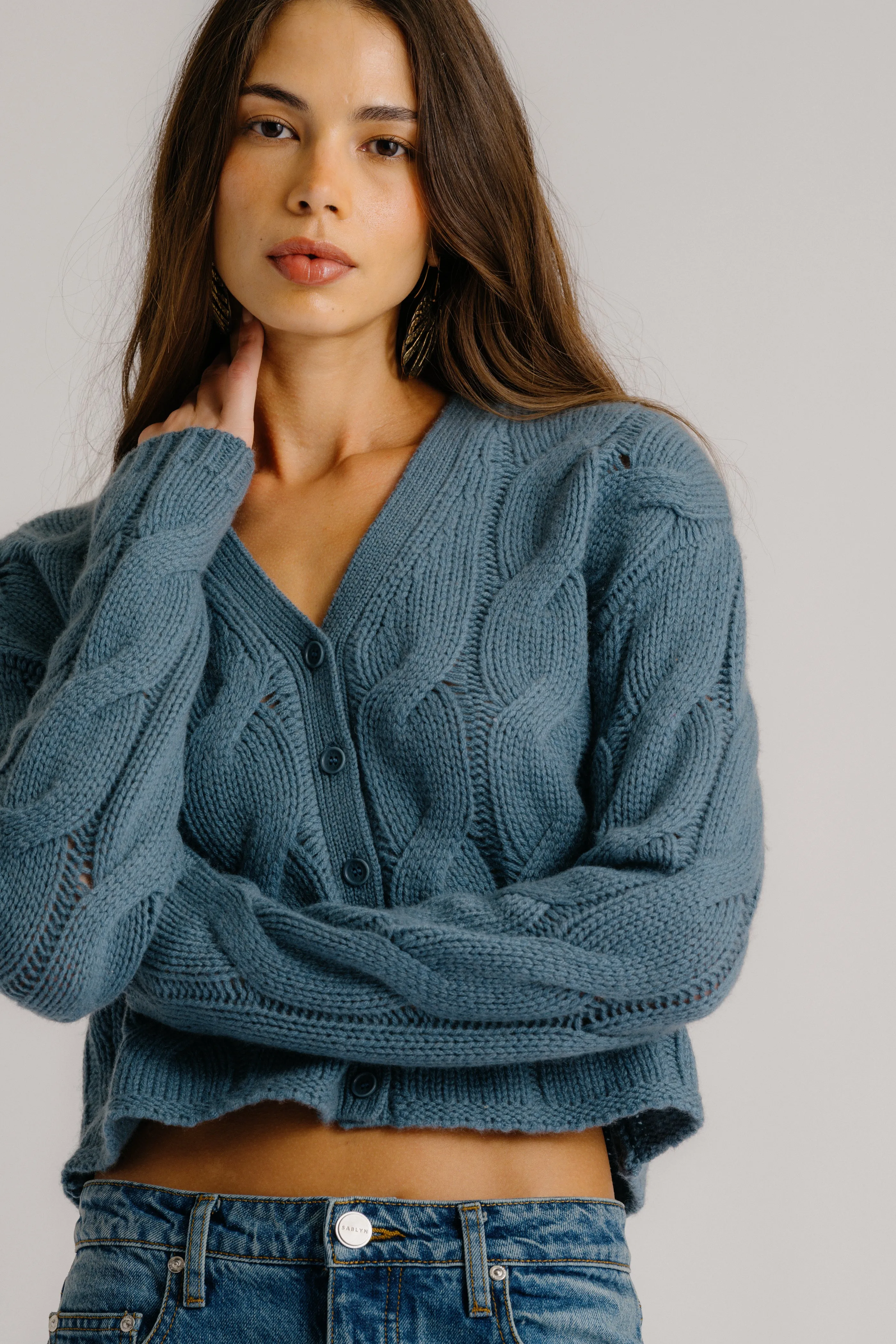 JOLIE V-NECK CROPPED CASHMERE CABLE KNIT CARDIGAN | SMOKY BLUE sold by Sablyn product image thumbnail 4