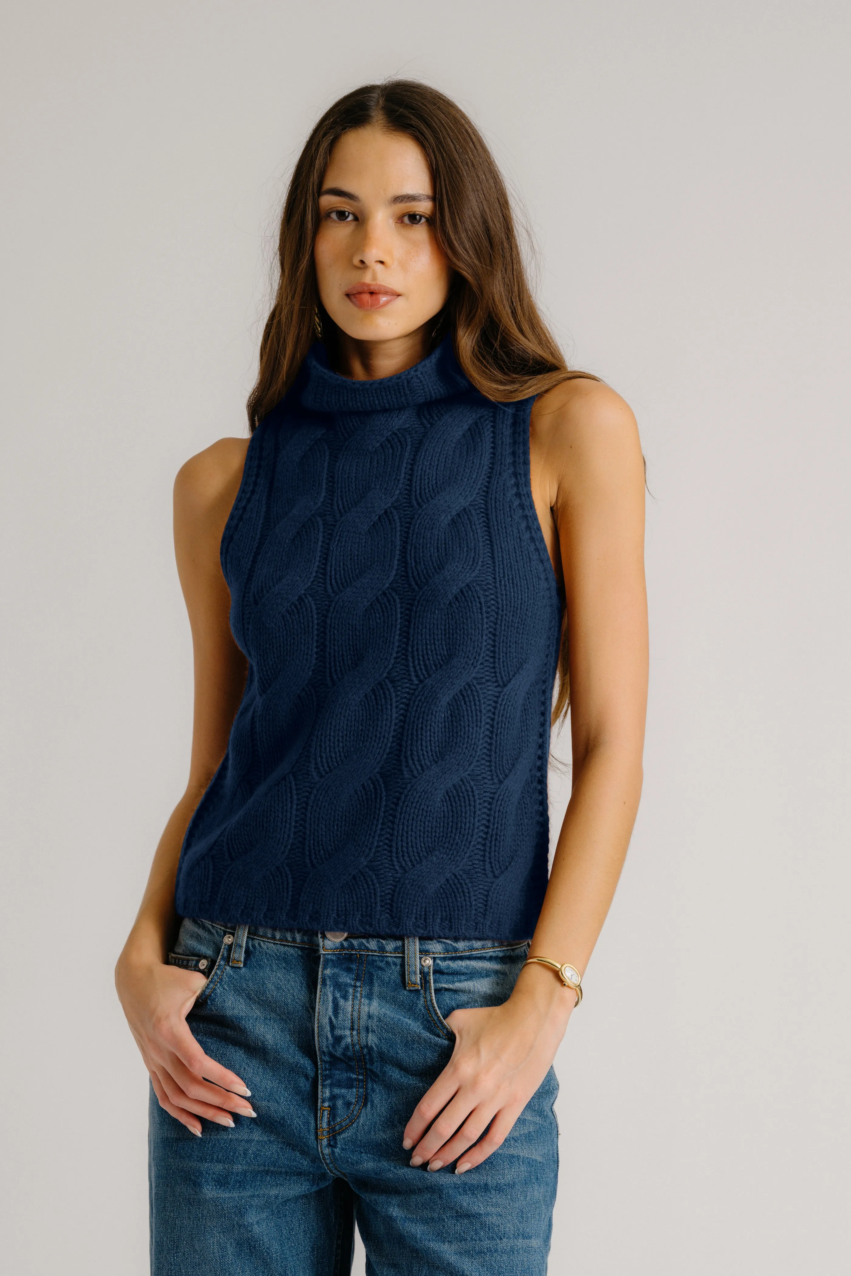 SALVIA SLEEVELESS CASHMERE CABLE TURTLENECK | MIDNIGHT NAVY sold by Sablyn