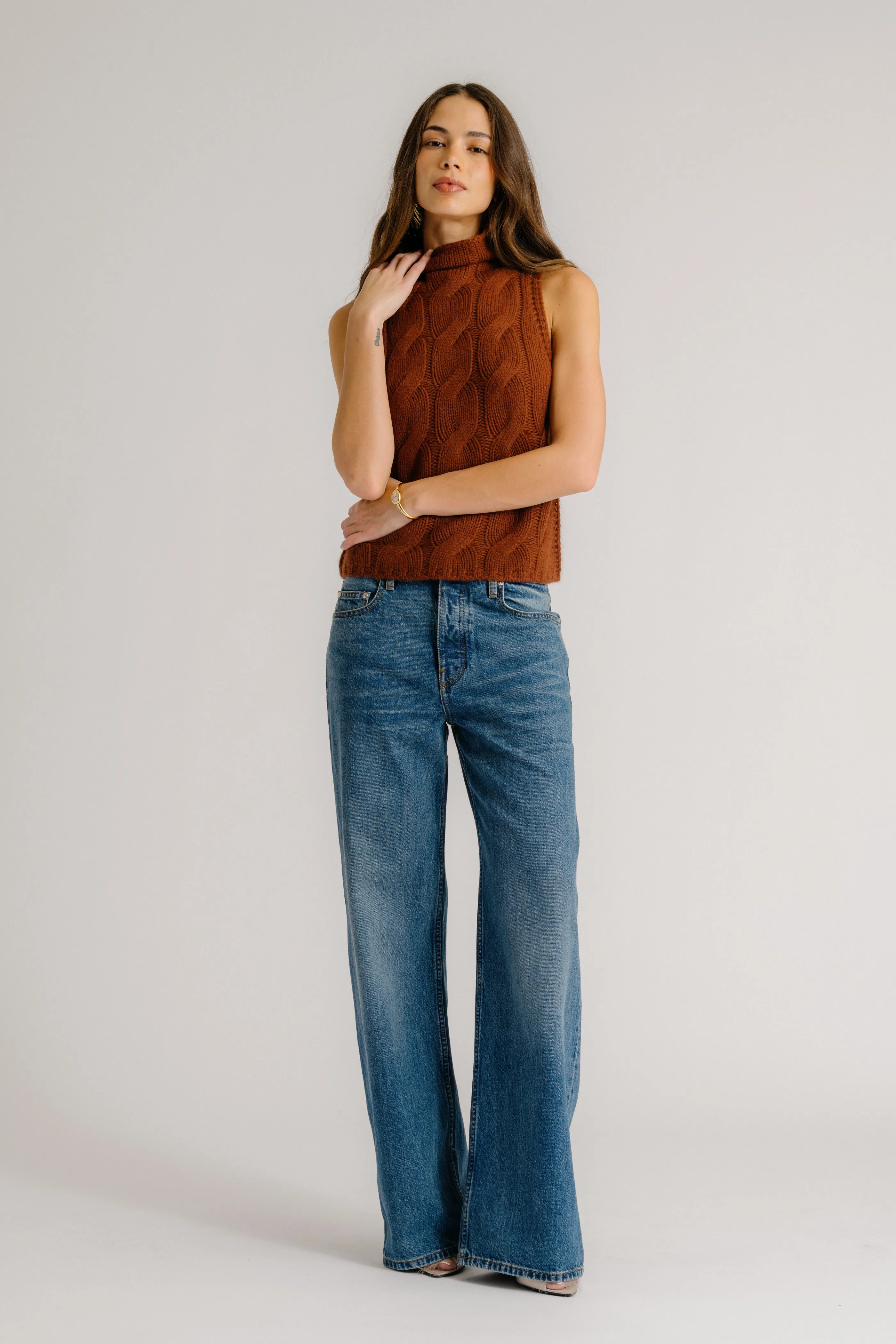 SALVIA SLEEVELESS CASHMERE CABLE TURTLENECK | MAHOGANY sold by Sablyn product image thumbnail 2
