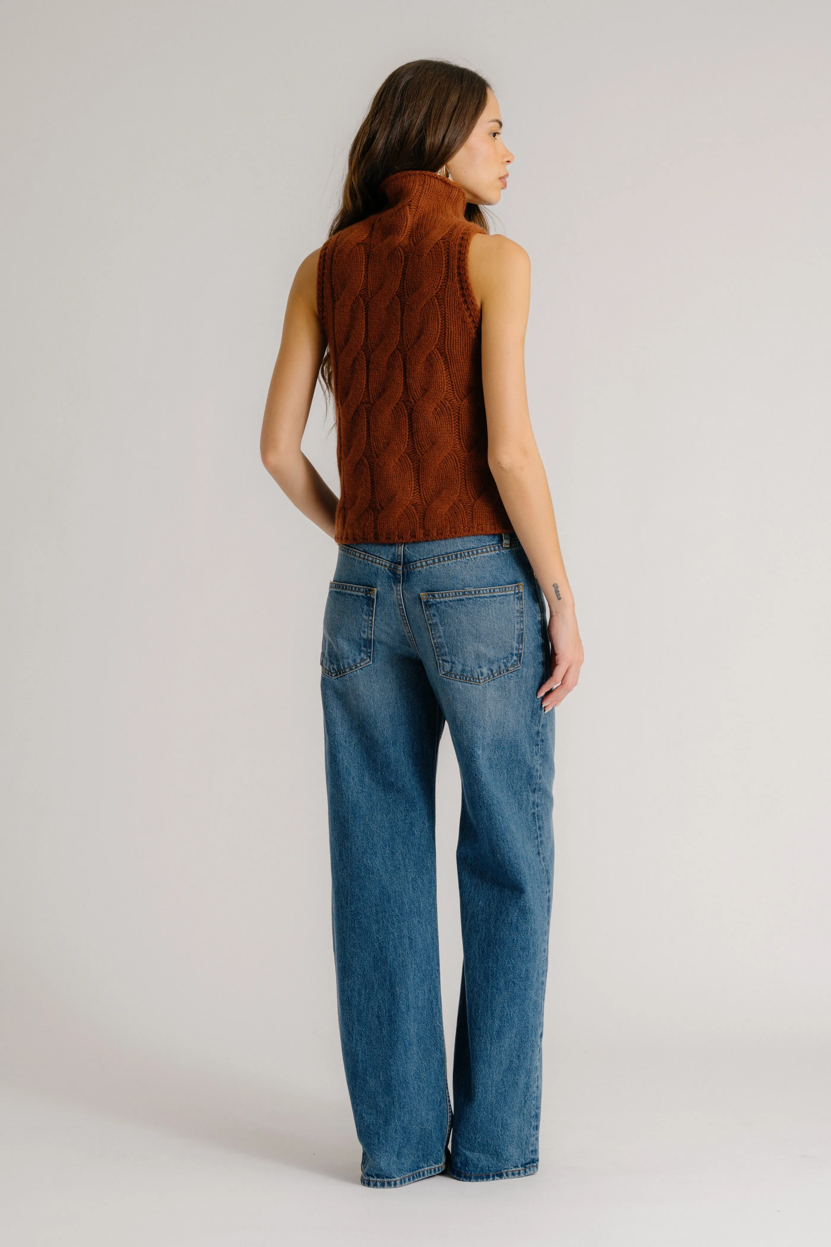 SALVIA SLEEVELESS CASHMERE CABLE TURTLENECK | MAHOGANY sold by Sablyn product image thumbnail 3