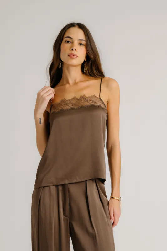 HAYA LACE TRIM SQUARE NECK SILK CAMI | SWISS BROWN sold by Sablyn