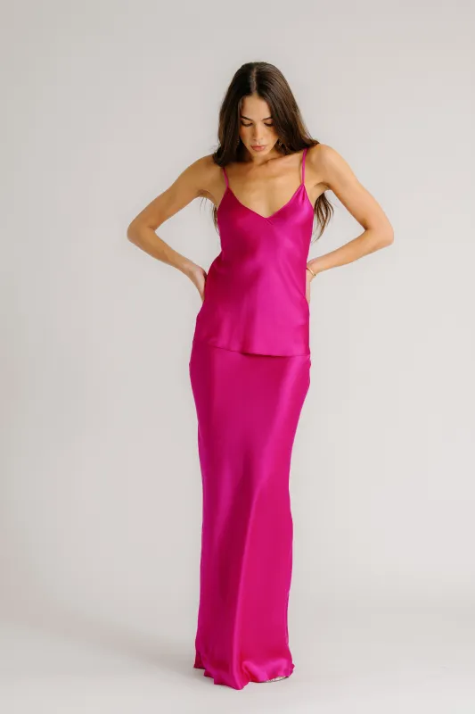 GRACE SCALLOP TRIM BIAS CUT MAXI SILK SKIRT | MAGENTA sold by Sablyn