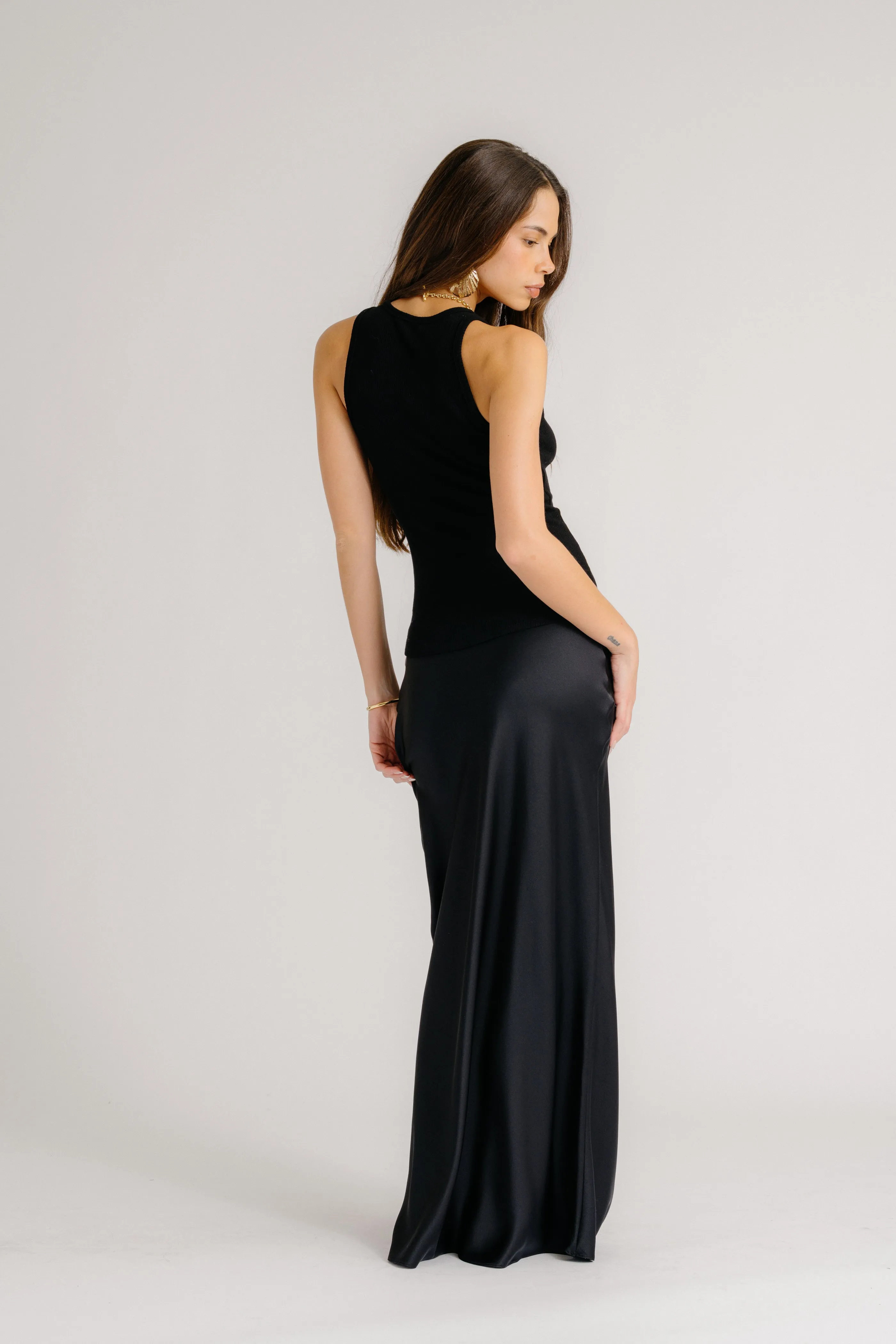 GRACE SCALLOP TRIM BIAS CUT MAXI SILK SKIRT | BLACK sold by Sablyn product image thumbnail 2