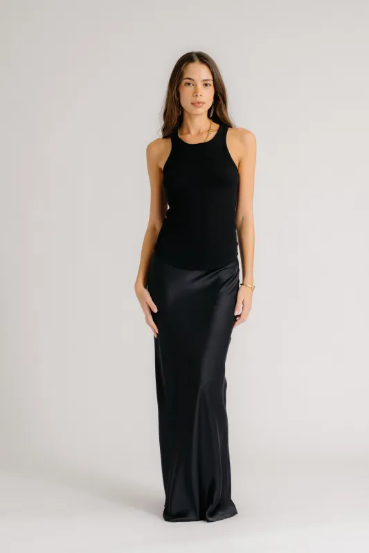 GRACE SCALLOP TRIM BIAS CUT MAXI SILK SKIRT | BLACK sold by Sablyn