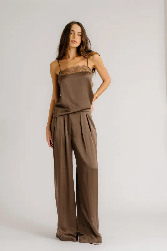 BROOKE HIGH RISE DOUBLE PLEAT SILK TROUSER | SWISS BROWN sold by Sablyn