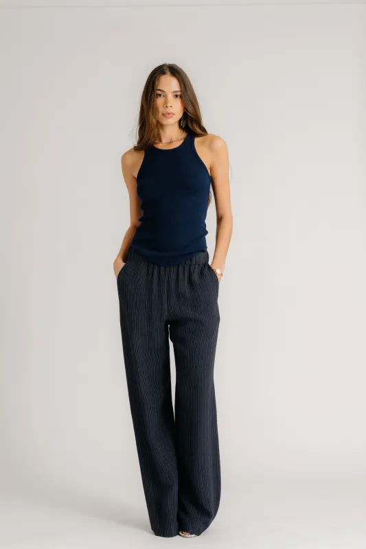 BRYNN PINSTRIPED HIGH RISE PULL ON WIDE LEG PANT | MIDNIGHT NAVY sold by Sablyn