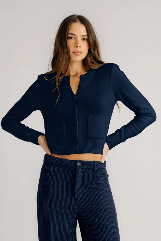 EMILIA SHOULDER PAD CARDIGAN | MIDNIGHT NAVY sold by Sablyn