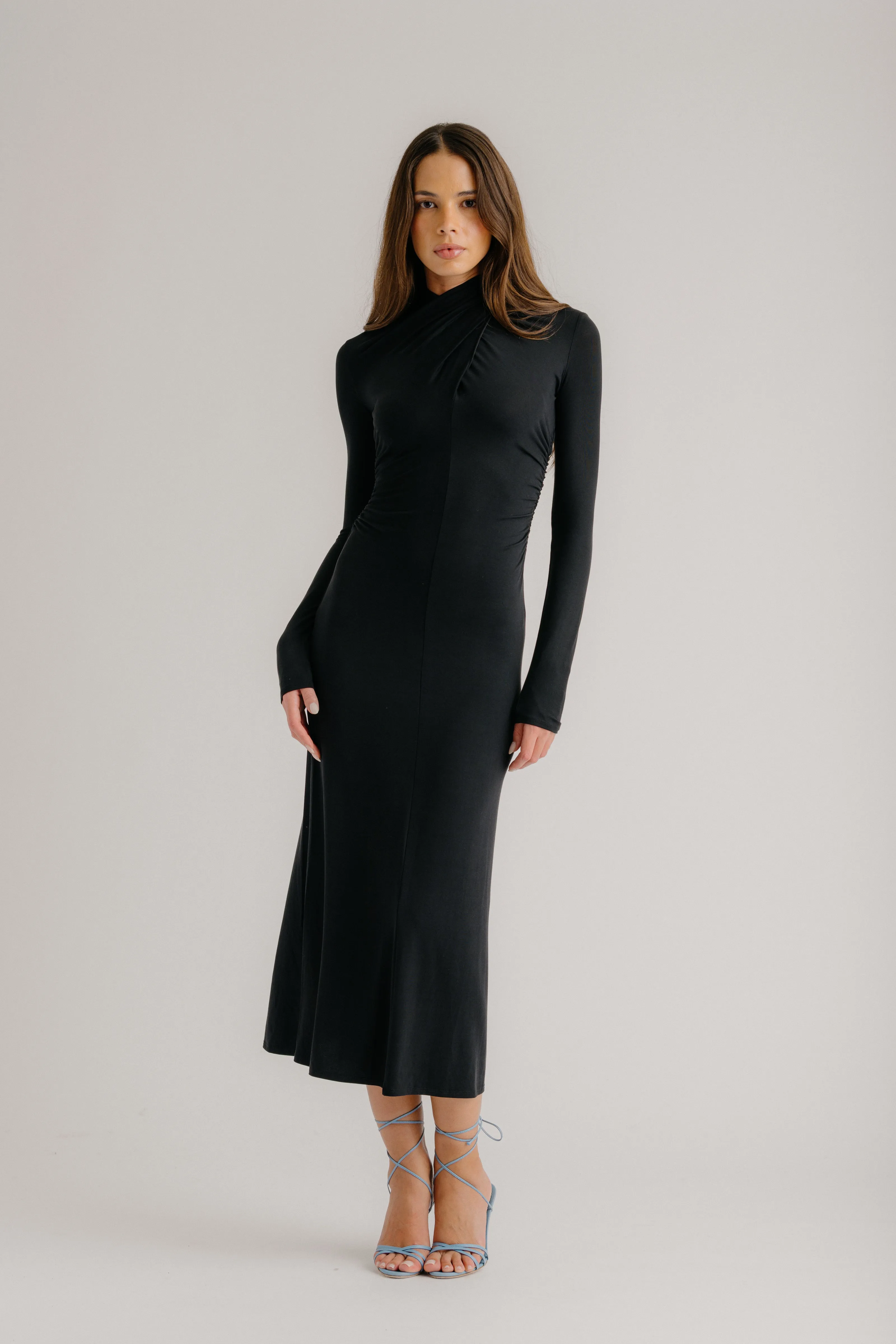 QUINN CROSSOVER MOCK NECK MIDI DRESS | BLACK sold by Sablyn product image thumbnail 2