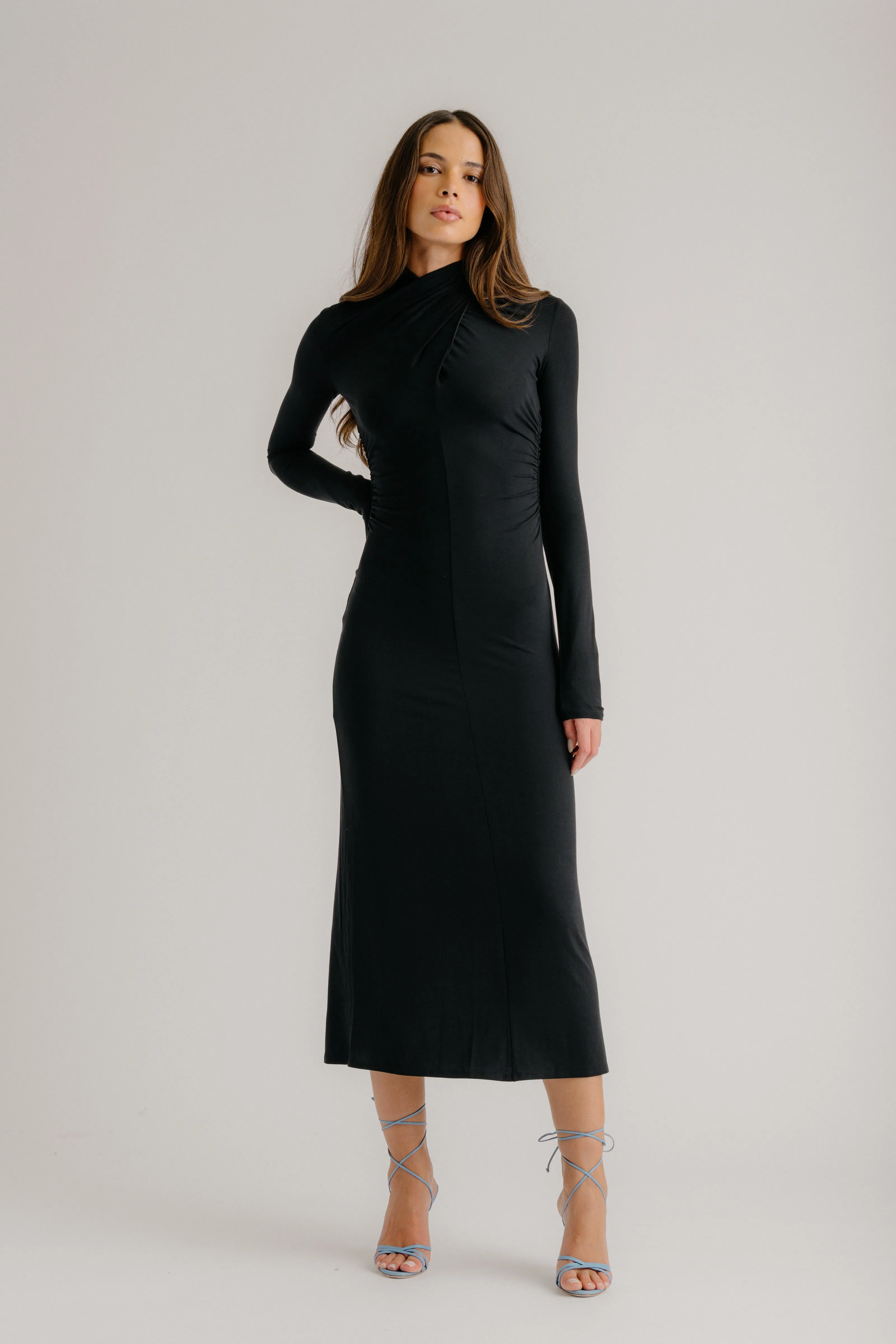 QUINN CROSSOVER MOCK NECK MIDI DRESS | BLACK sold by Sablyn product image thumbnail 3
