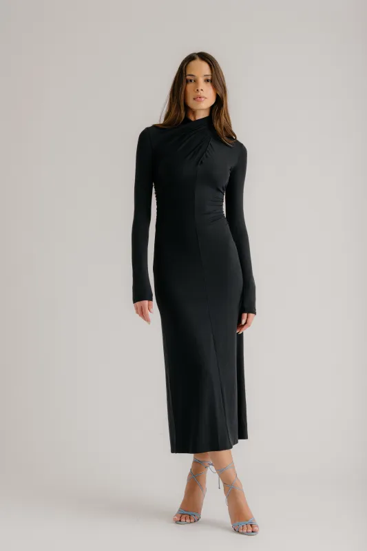 QUINN CROSSOVER MOCK NECK MIDI DRESS | BLACK sold by Sablyn