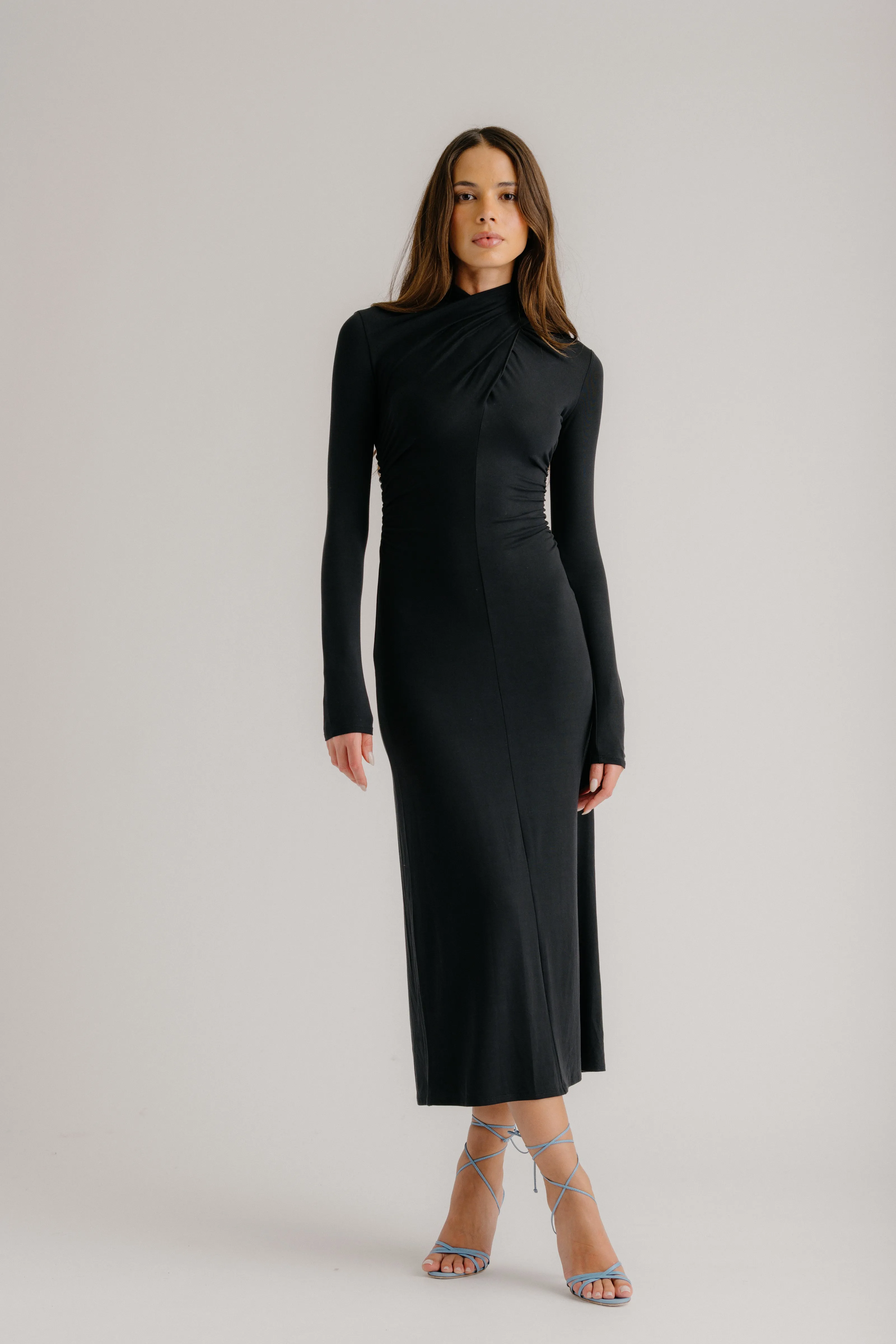 QUINN CROSSOVER MOCK NECK MIDI DRESS | BLACK sold by Sablyn
