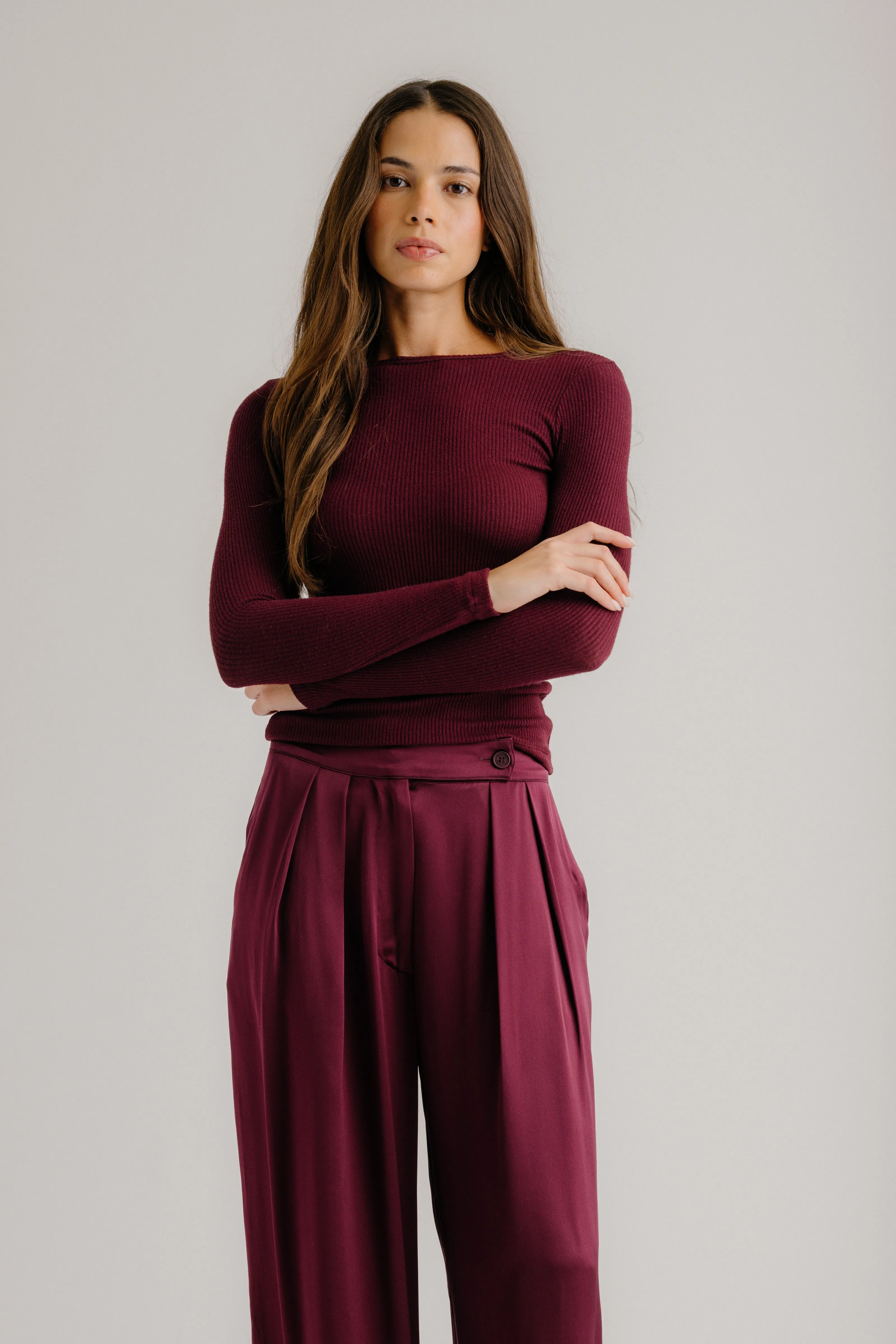 QUINCY LS FITTED CREWNECK TEE | BORDEAUX sold by Sablyn