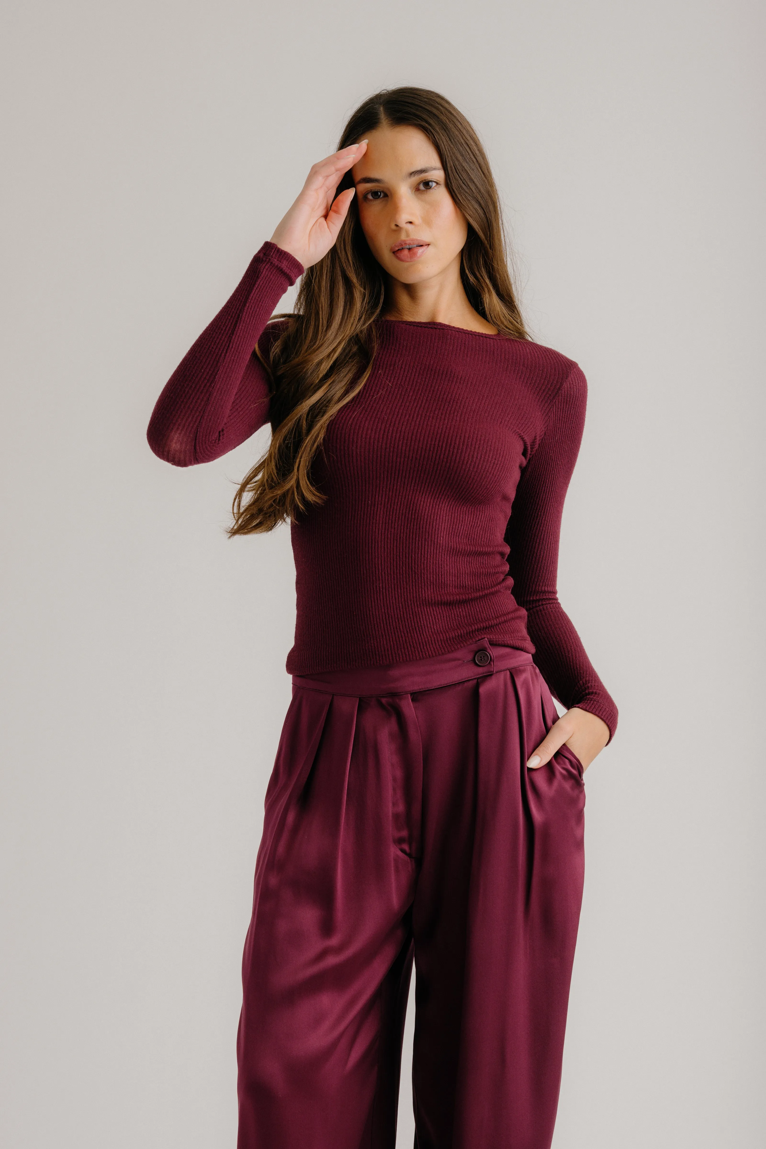 QUINCY LS FITTED CREWNECK TEE | BORDEAUX sold by Sablyn product image thumbnail 4