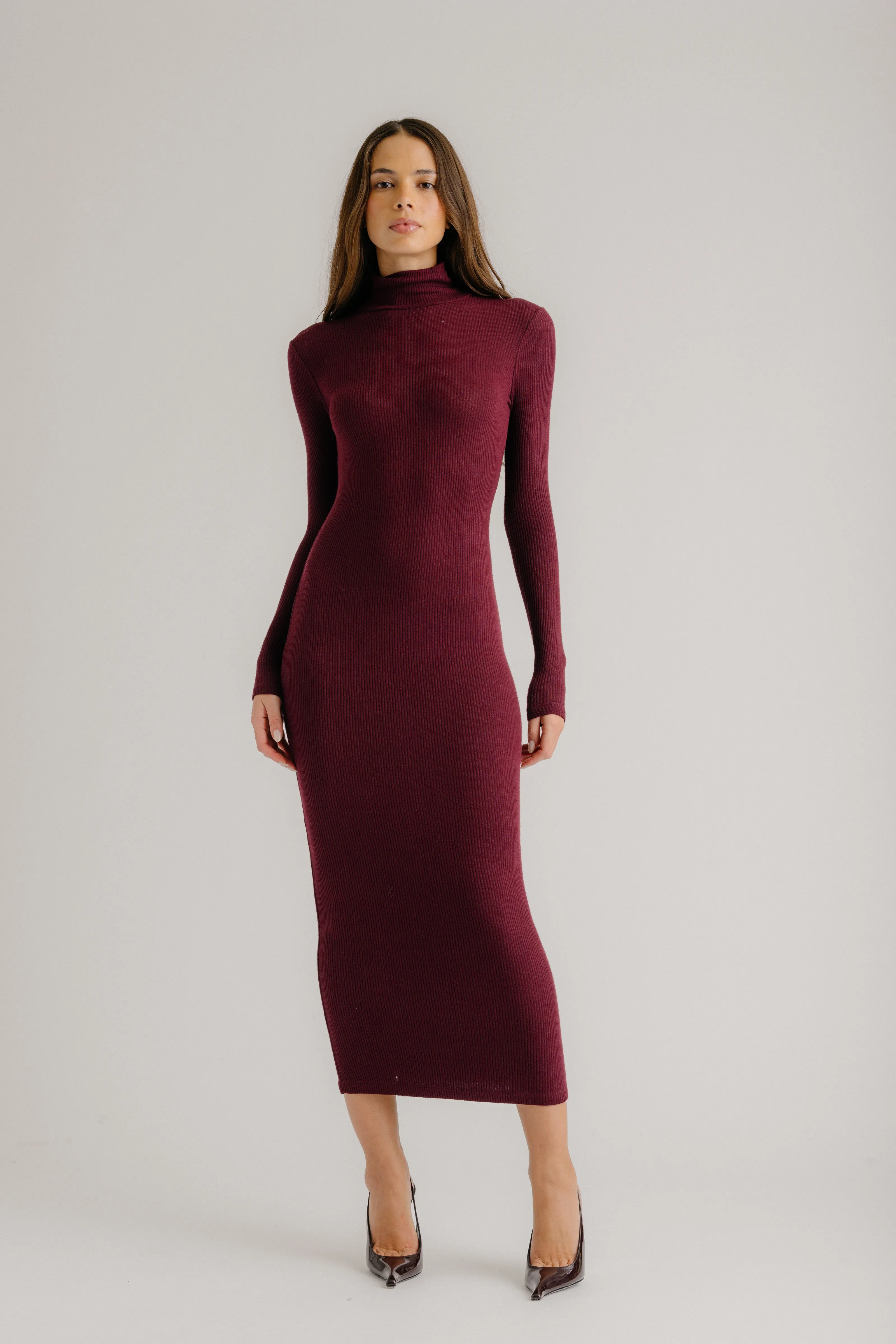 GAB TURTLENECK RIB DRESS | BORDEAUX sold by Sablyn
