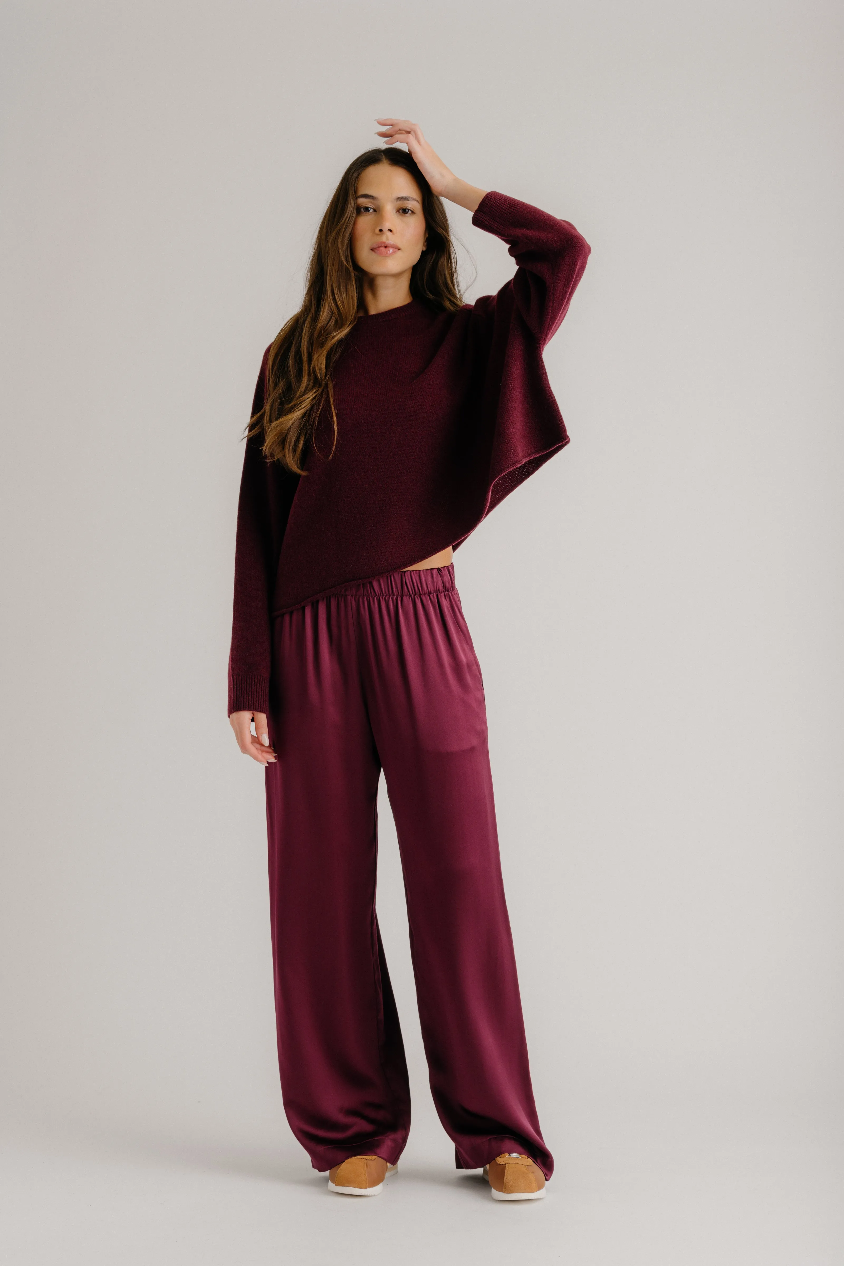 BRYNN HIGH RISE PULL ON WIDE LEG SILK PANT | BORDEAUX sold by Sablyn product image thumbnail 2