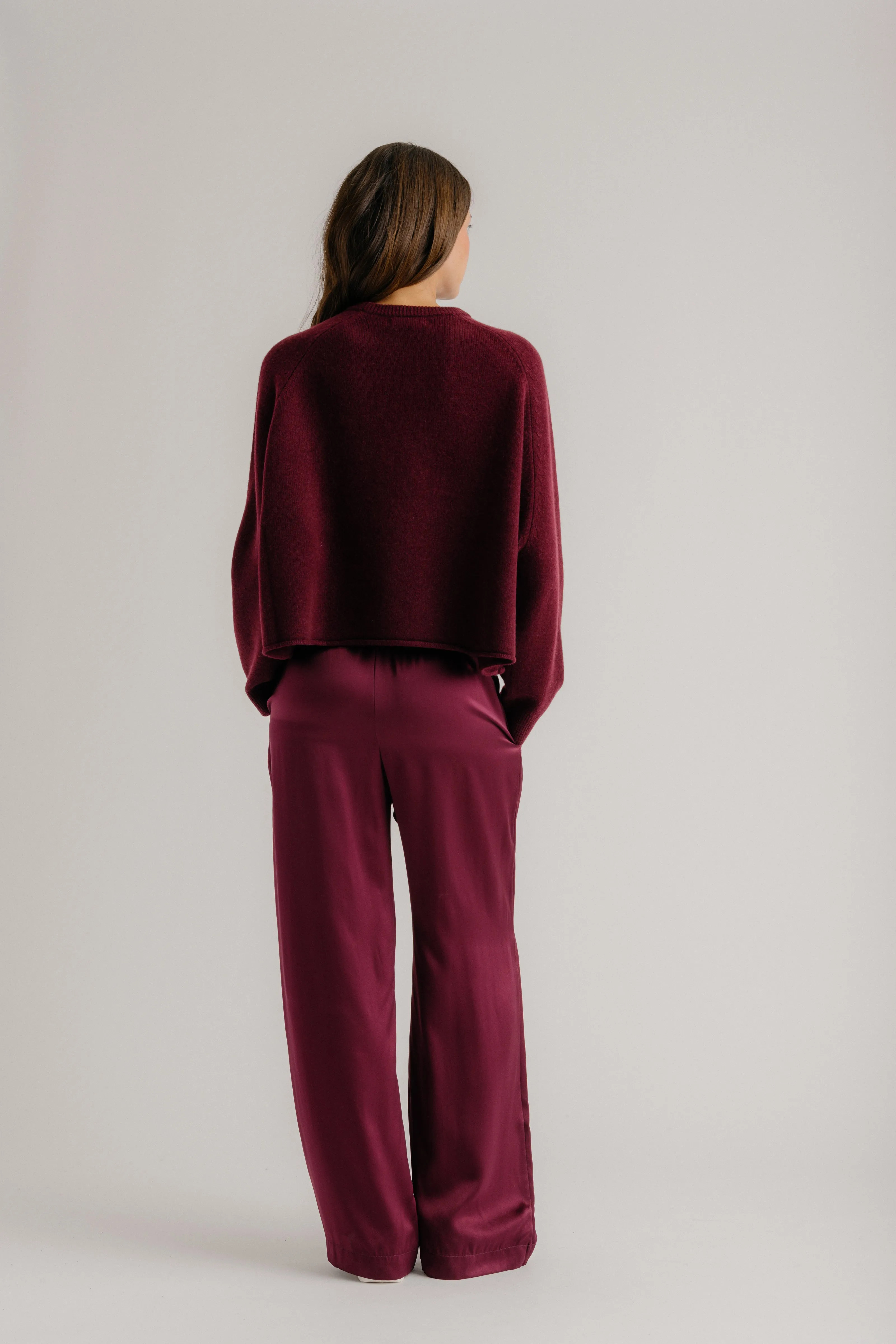 BRYNN HIGH RISE PULL ON WIDE LEG SILK PANT | BORDEAUX sold by Sablyn product image thumbnail 3