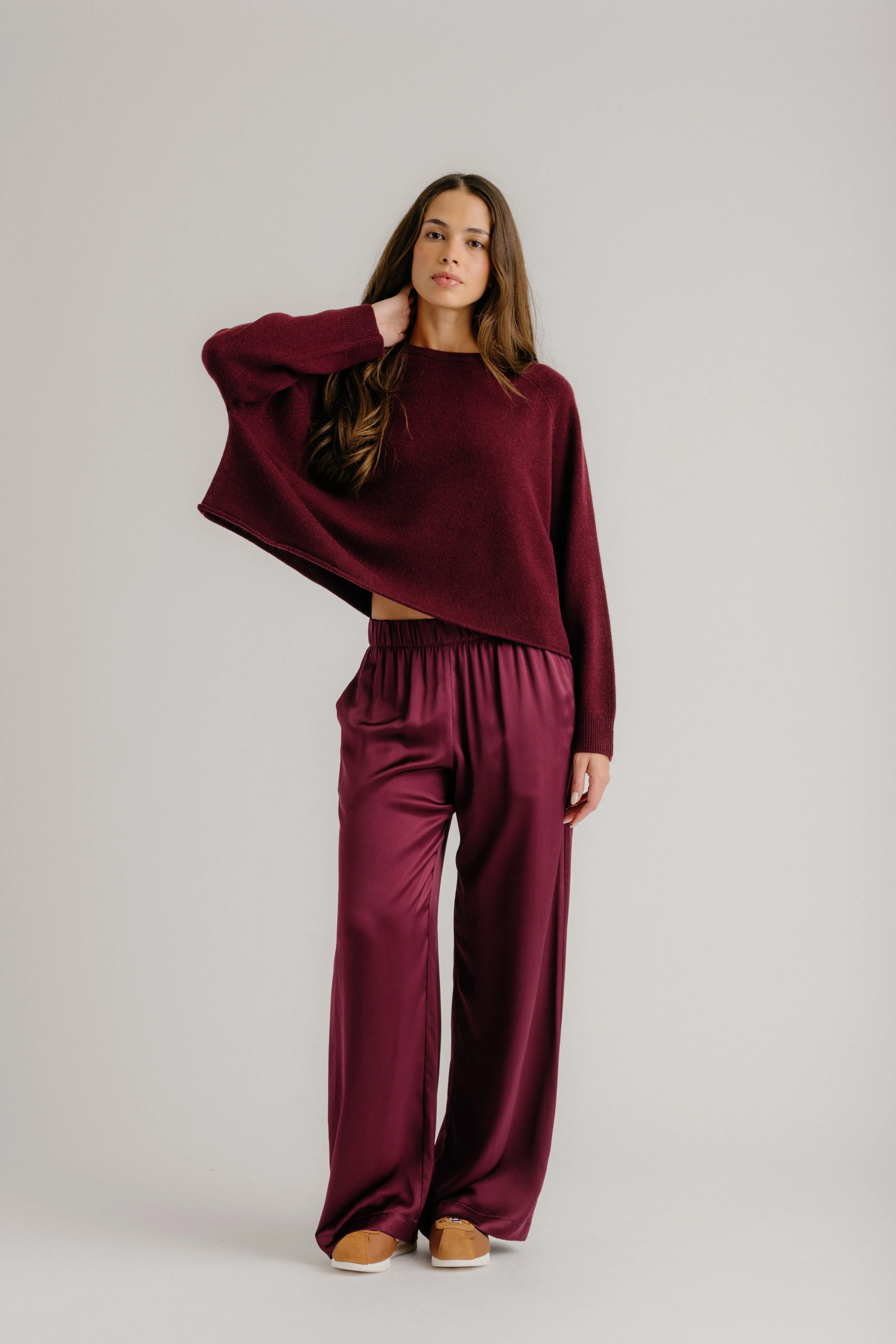 BRYNN HIGH RISE PULL ON WIDE LEG SILK PANT | BORDEAUX sold by Sablyn