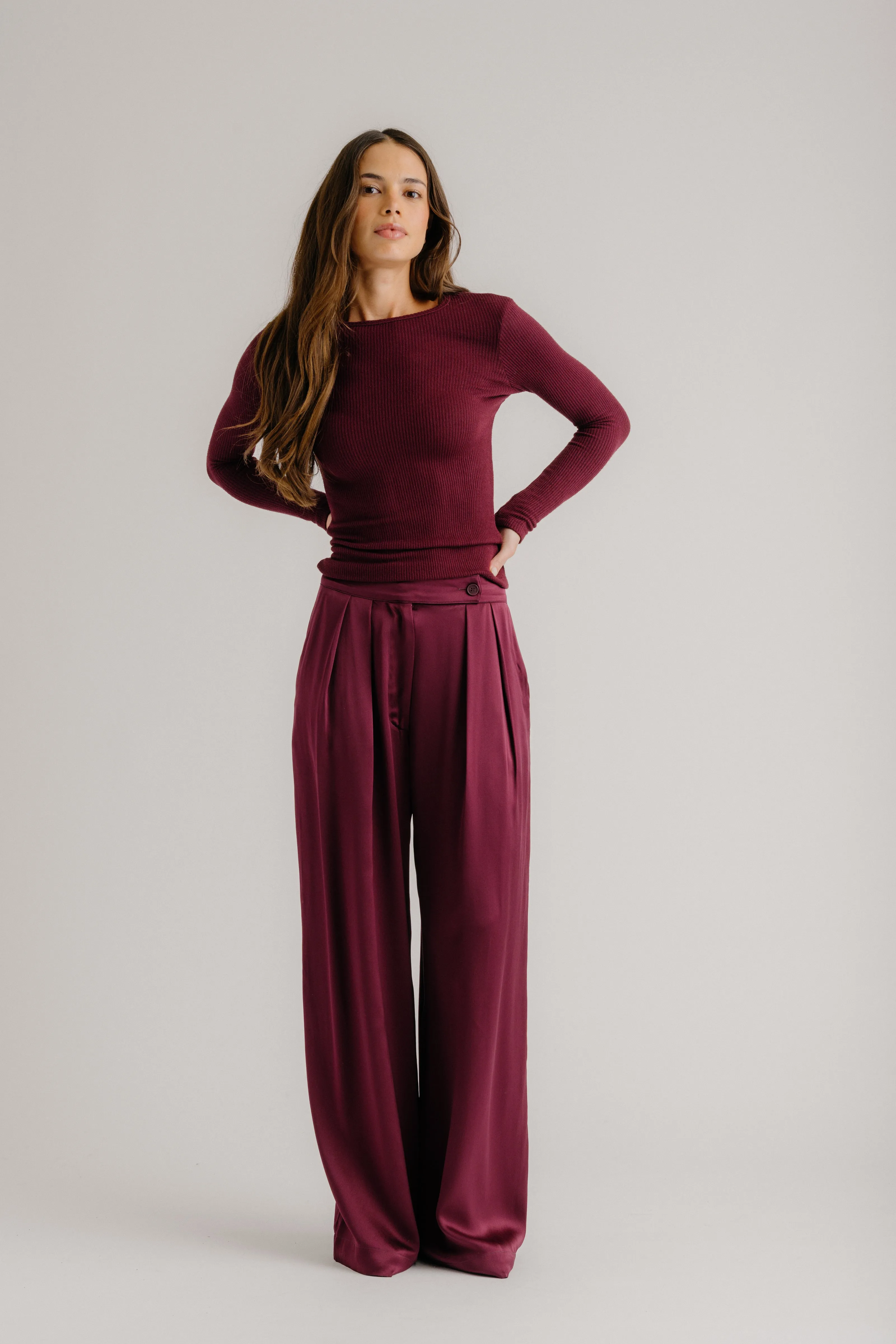 BROOKE HIGH RISE DOUBLE PLEAT TROUSER | BORDEAUX sold by Sablyn