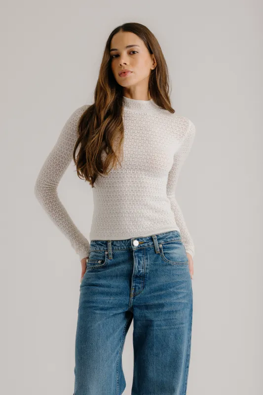 MARLO LACE FITTED MOCK NECK | GARDENIA sold by Sablyn