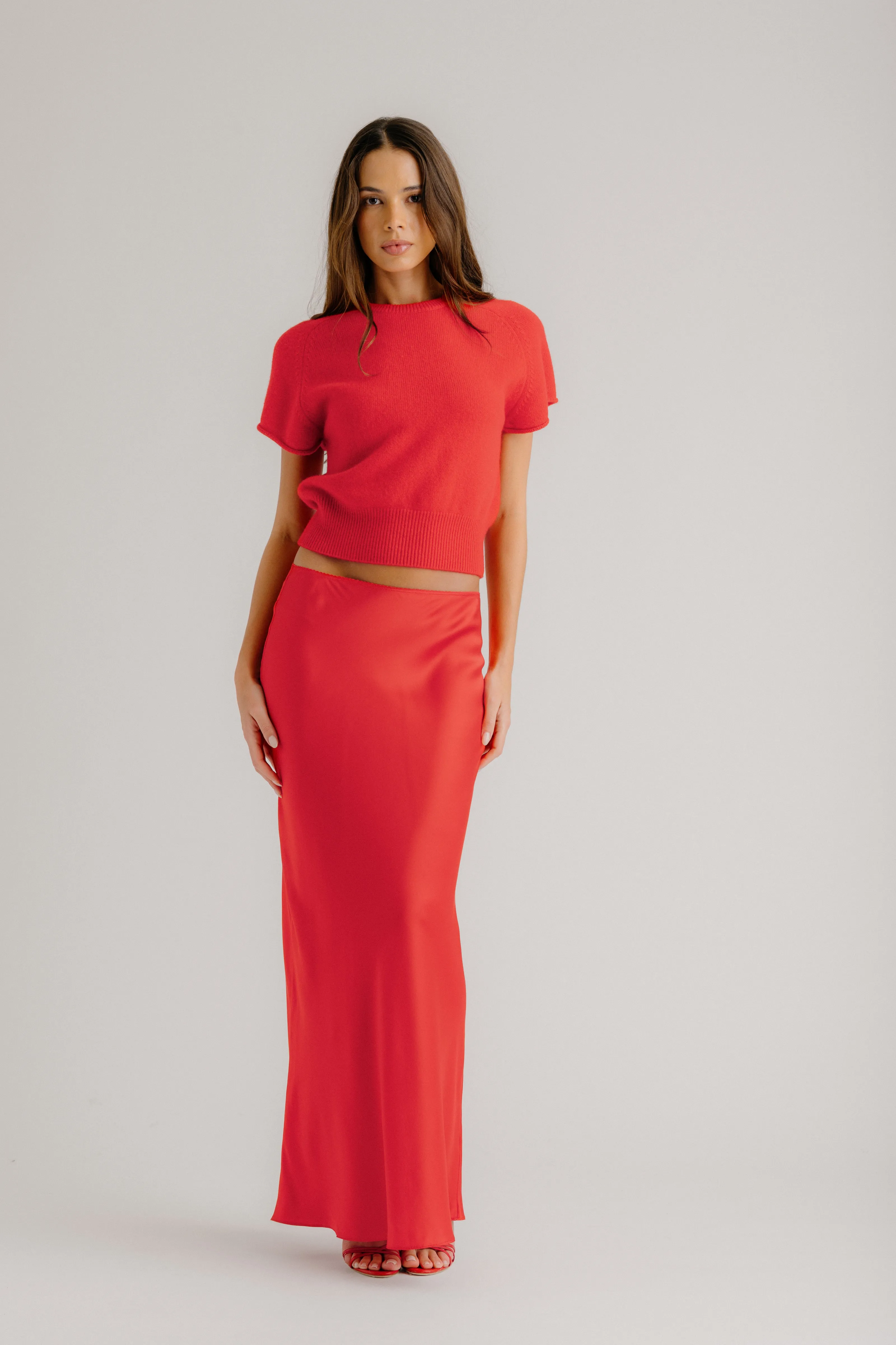 GRACE SCALLOP TRIM SILK MAXI SKIRT | SCARLET sold by Sablyn