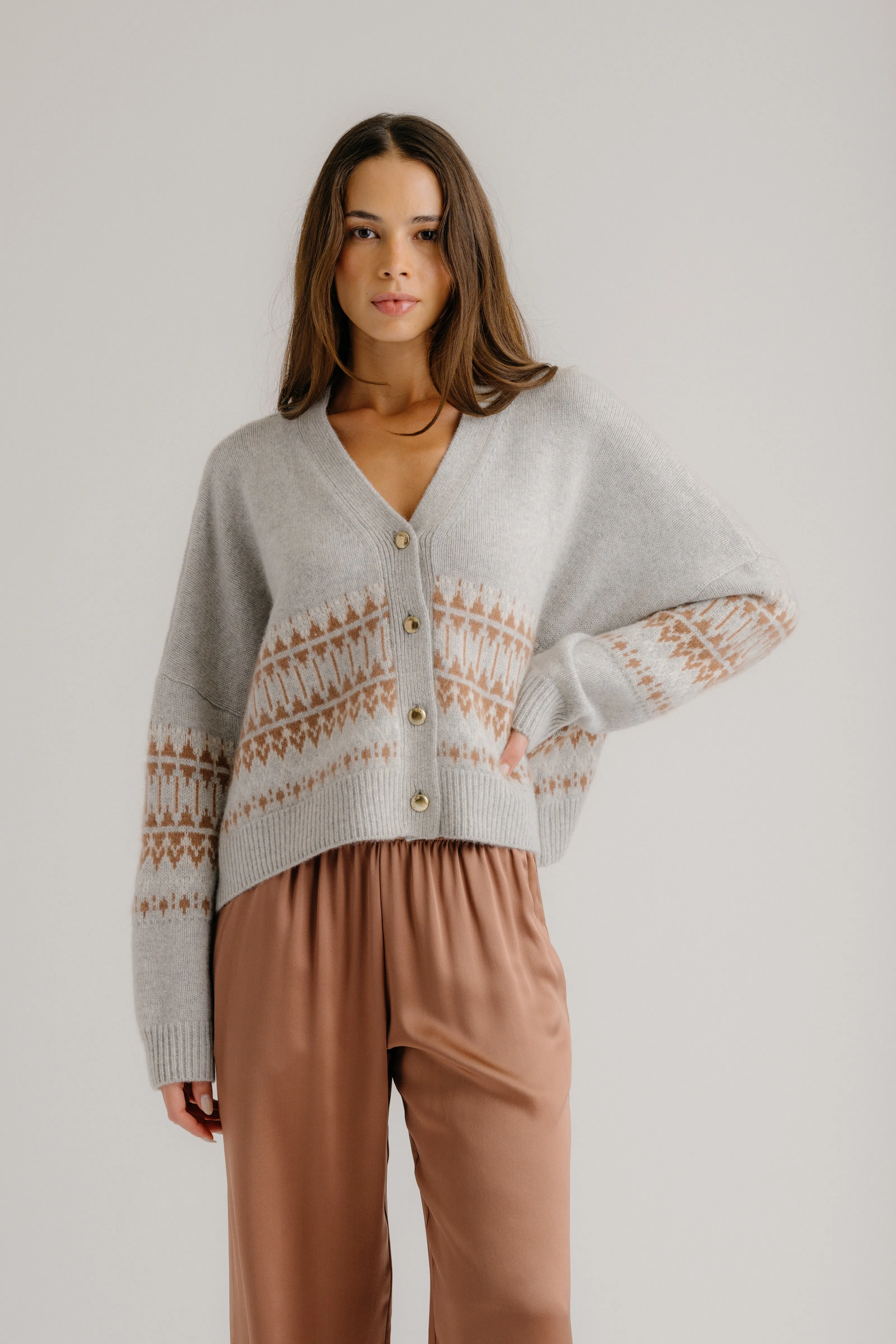 ELLIOT BOXY CROPPED CASHMERE FAIR ISLE CARDIGAN | FOGGY MULTI sold by Sablyn product image thumbnail 2