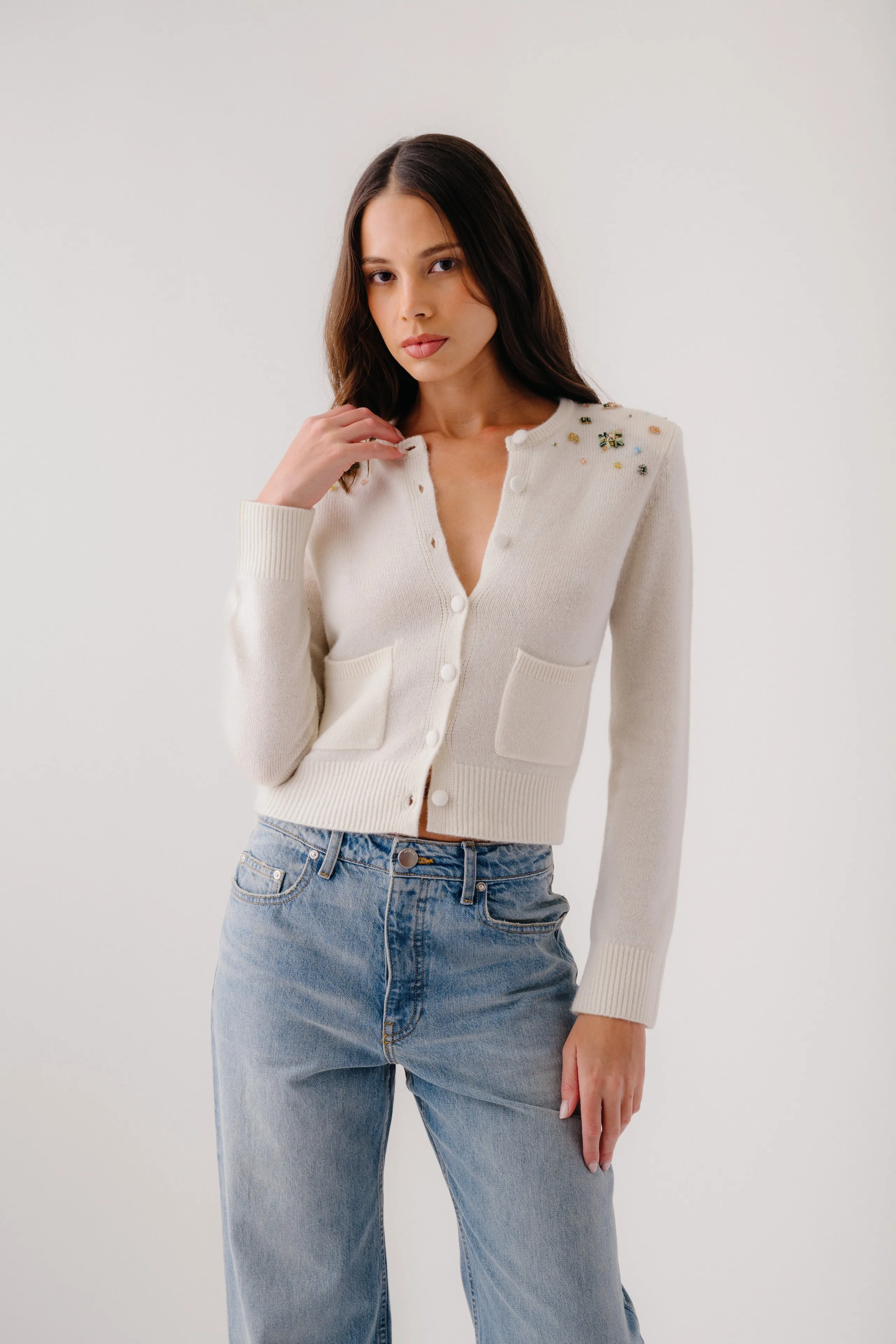 EMILIA SHOULDER PAD CASHMERE BEADED CARDIGAN | GARDENIA sold by Sablyn product image thumbnail 4