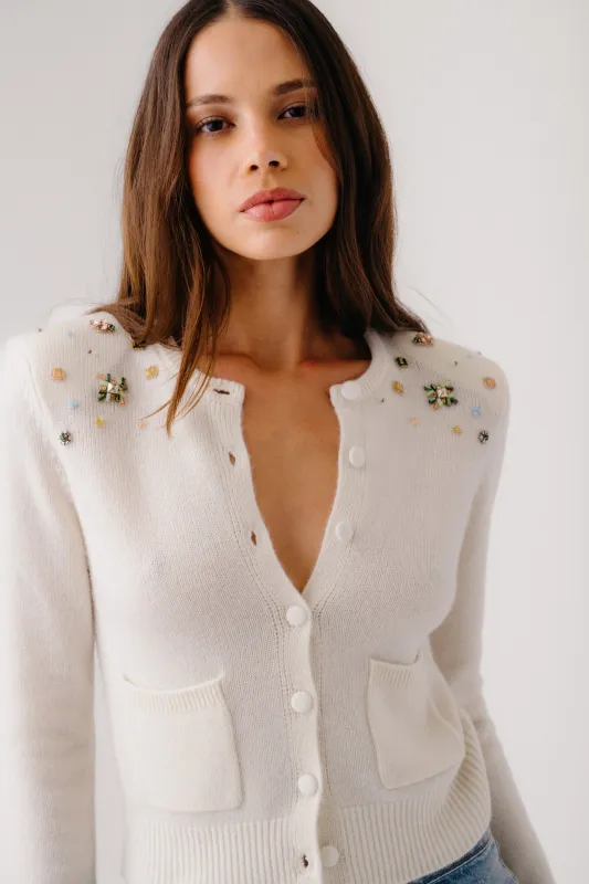 EMILIA SHOULDER PAD CASHMERE BEADED CARDIGAN | GARDENIA sold by Sablyn