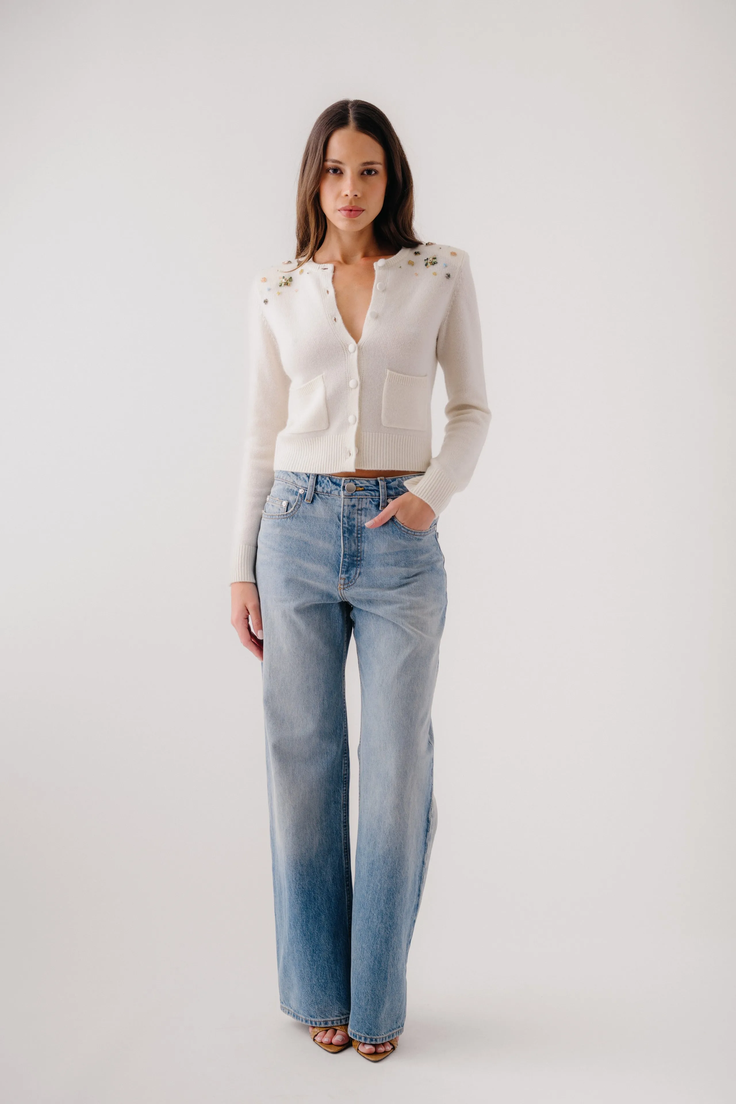 EMILIA SHOULDER PAD CASHMERE BEADED CARDIGAN | GARDENIA sold by Sablyn product image thumbnail 2