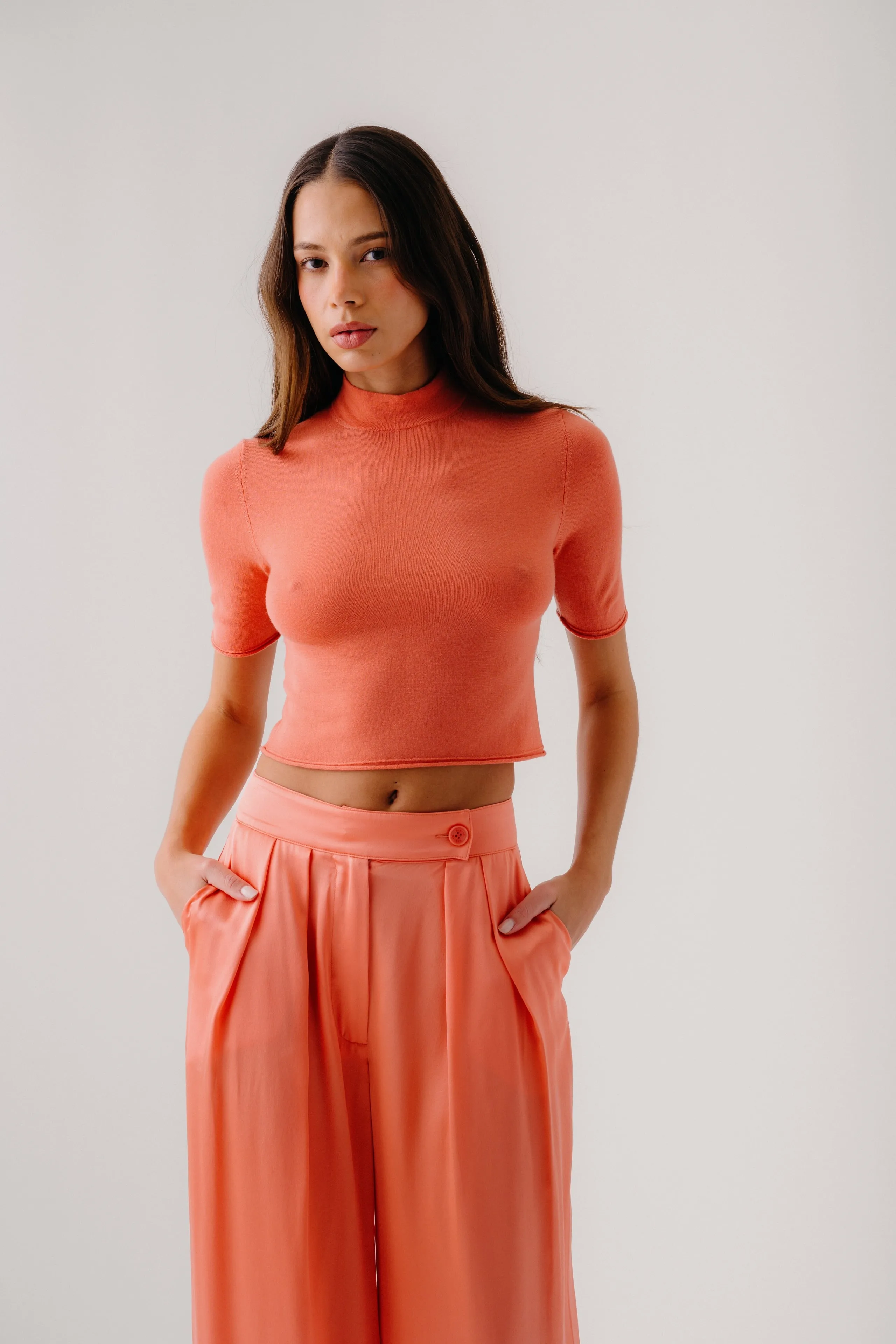 EMBER CASHMERE CROPPED SHORT SLEEVE MOCK NECK | MELON sold by Sablyn