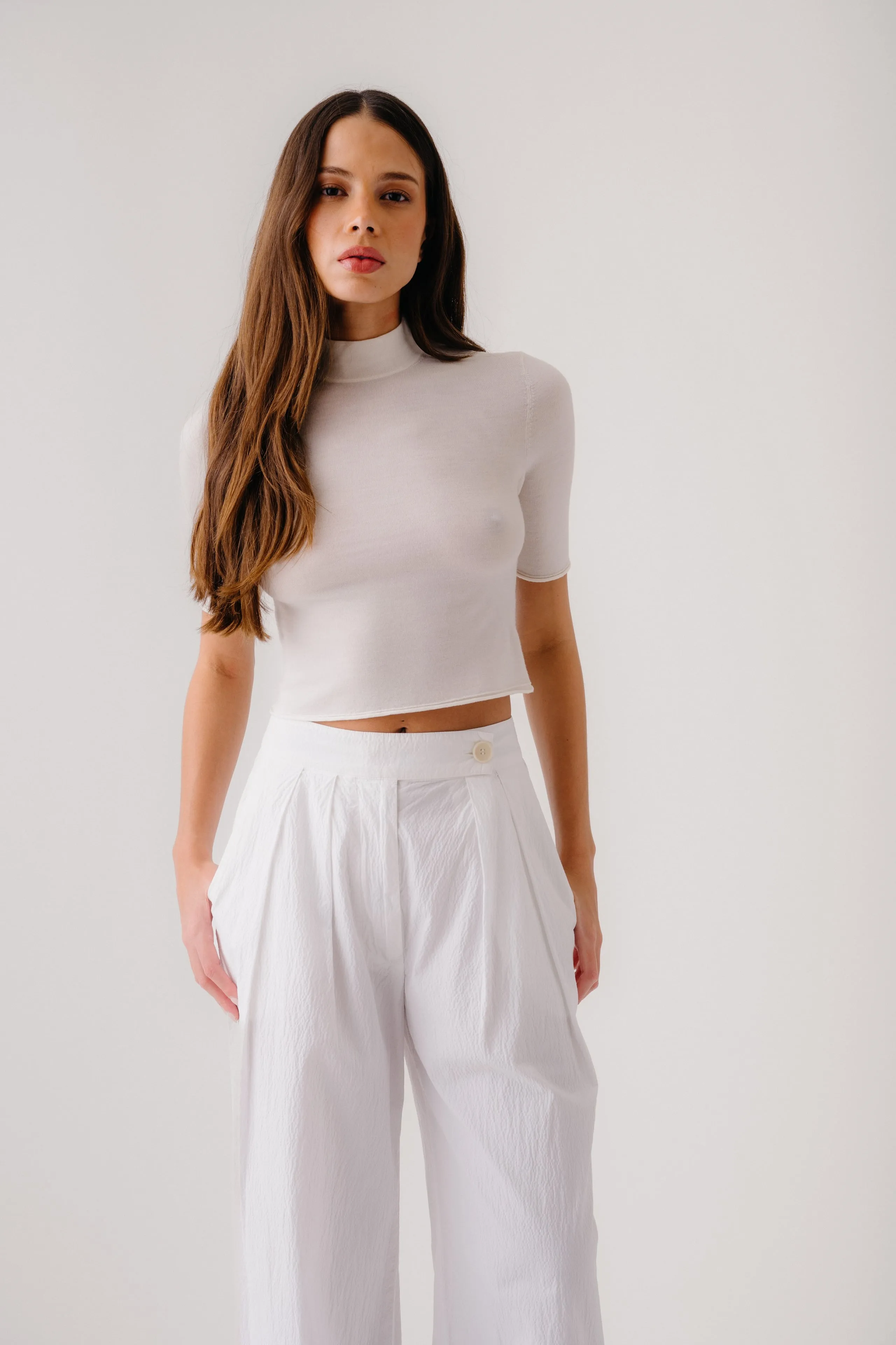 EMBER CASHMERE CROPPED SHORT SLEEVE MOCK NECK | GARDENIA sold by Sablyn product image thumbnail 2
