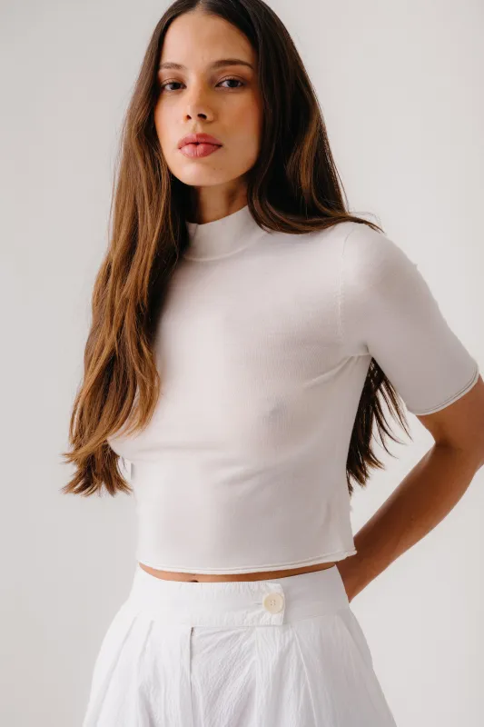 EMBER CASHMERE CROPPED SHORT SLEEVE MOCK NECK | GARDENIA sold by Sablyn
