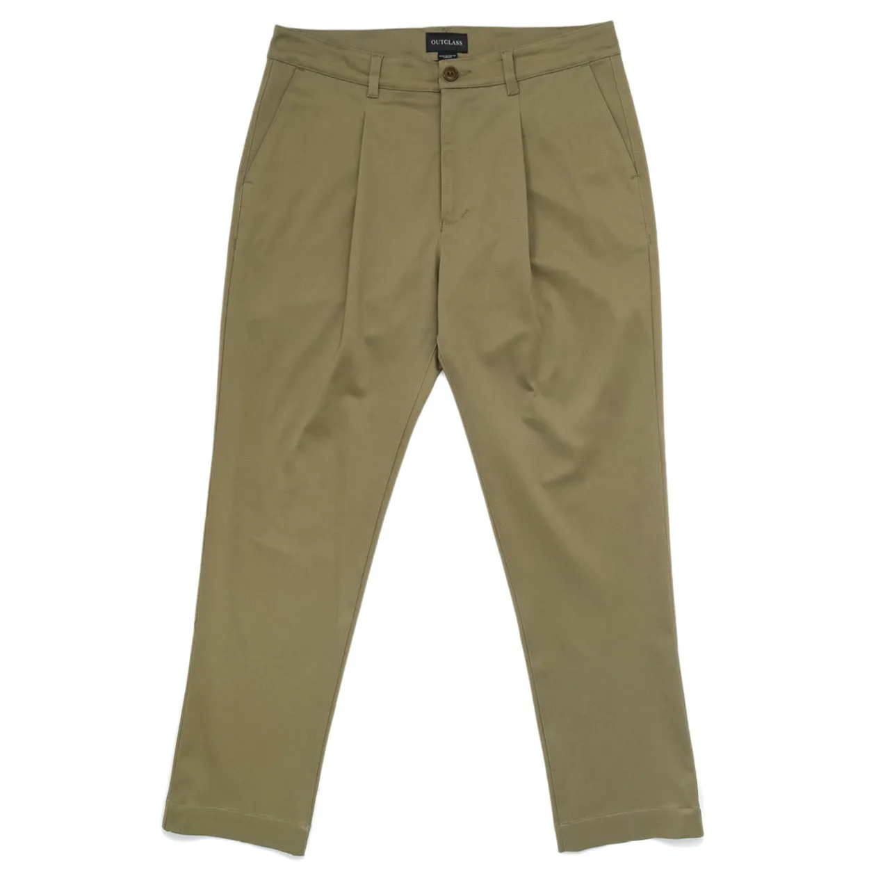 Olive Sateen Pleated Trousers sold by Outclass