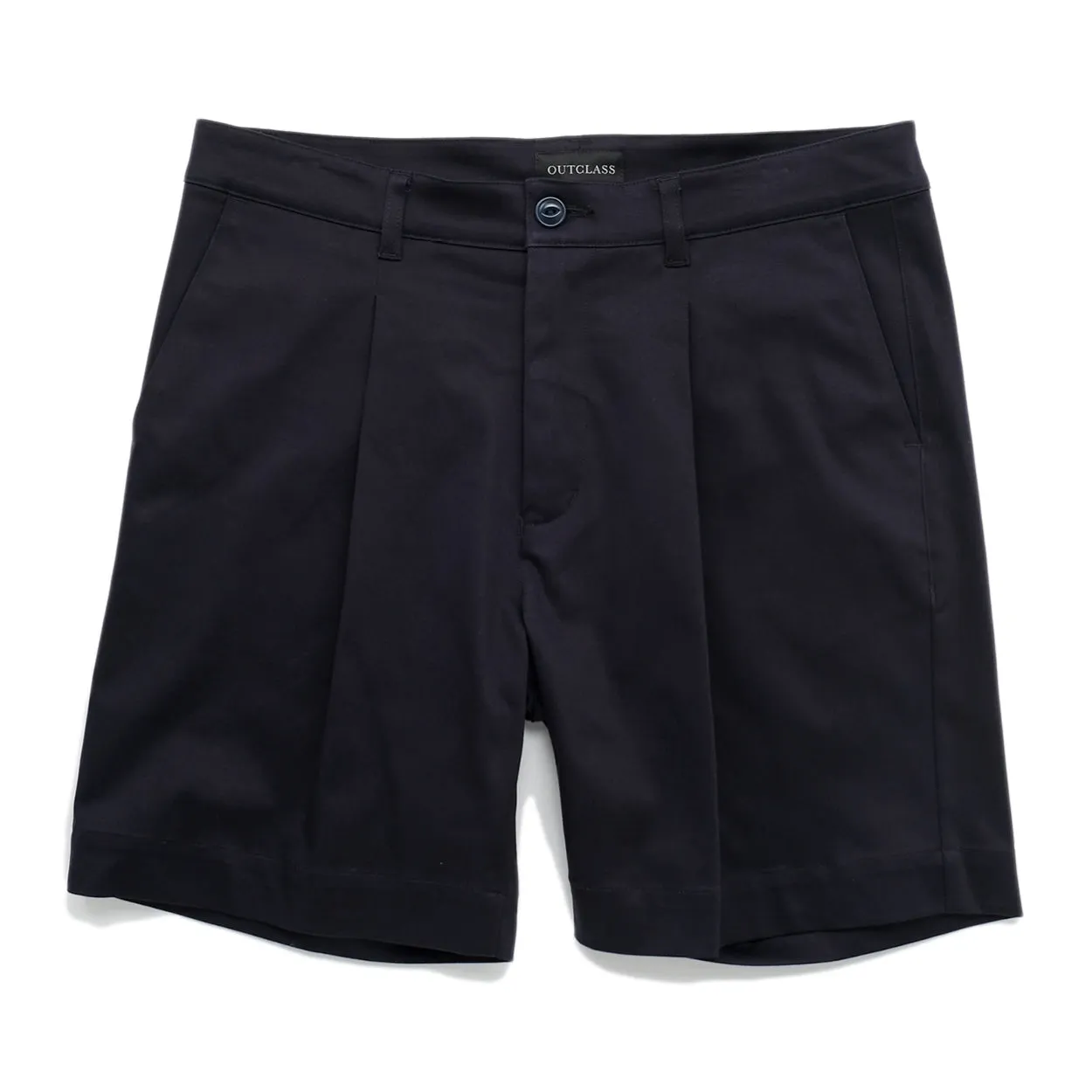 Navy Sateen Pleated Shorts sold by Outclass