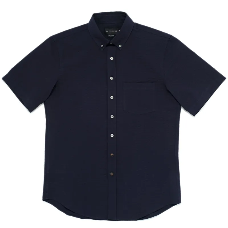 Navy Seersucker S/S Shirt made by Outclass