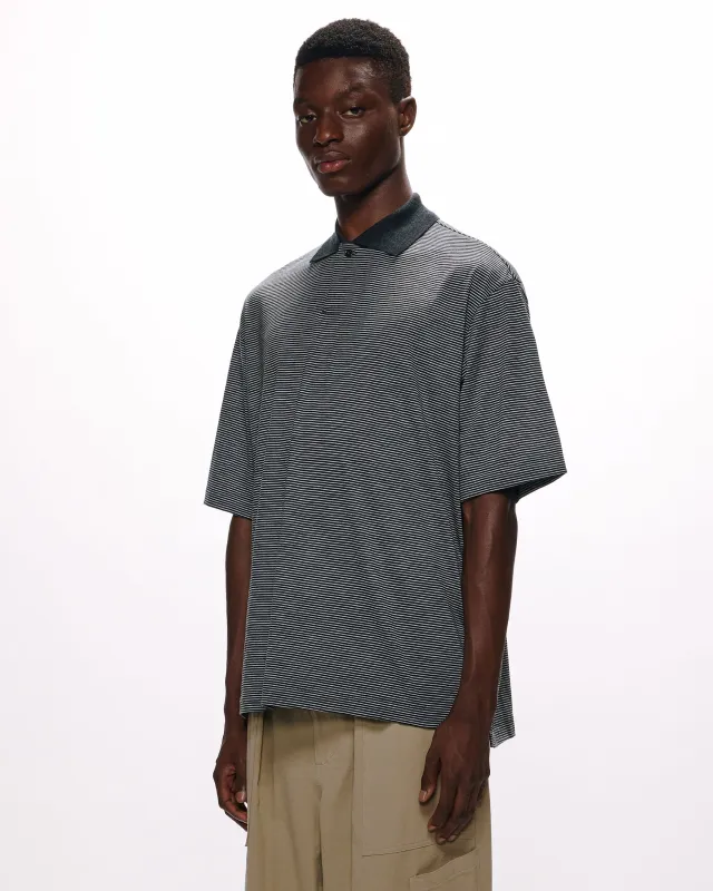 ウォッシャブルウール天竺ボーダー / ワンボタンポロS/S TEE, Gray x White sold by MARKAWARE