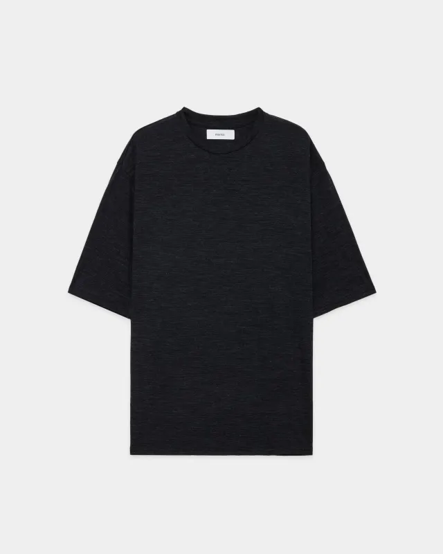ウォッシャブルウール天竺ボーダー / クルーネックTEE, Heather Black made by MARKAWARE