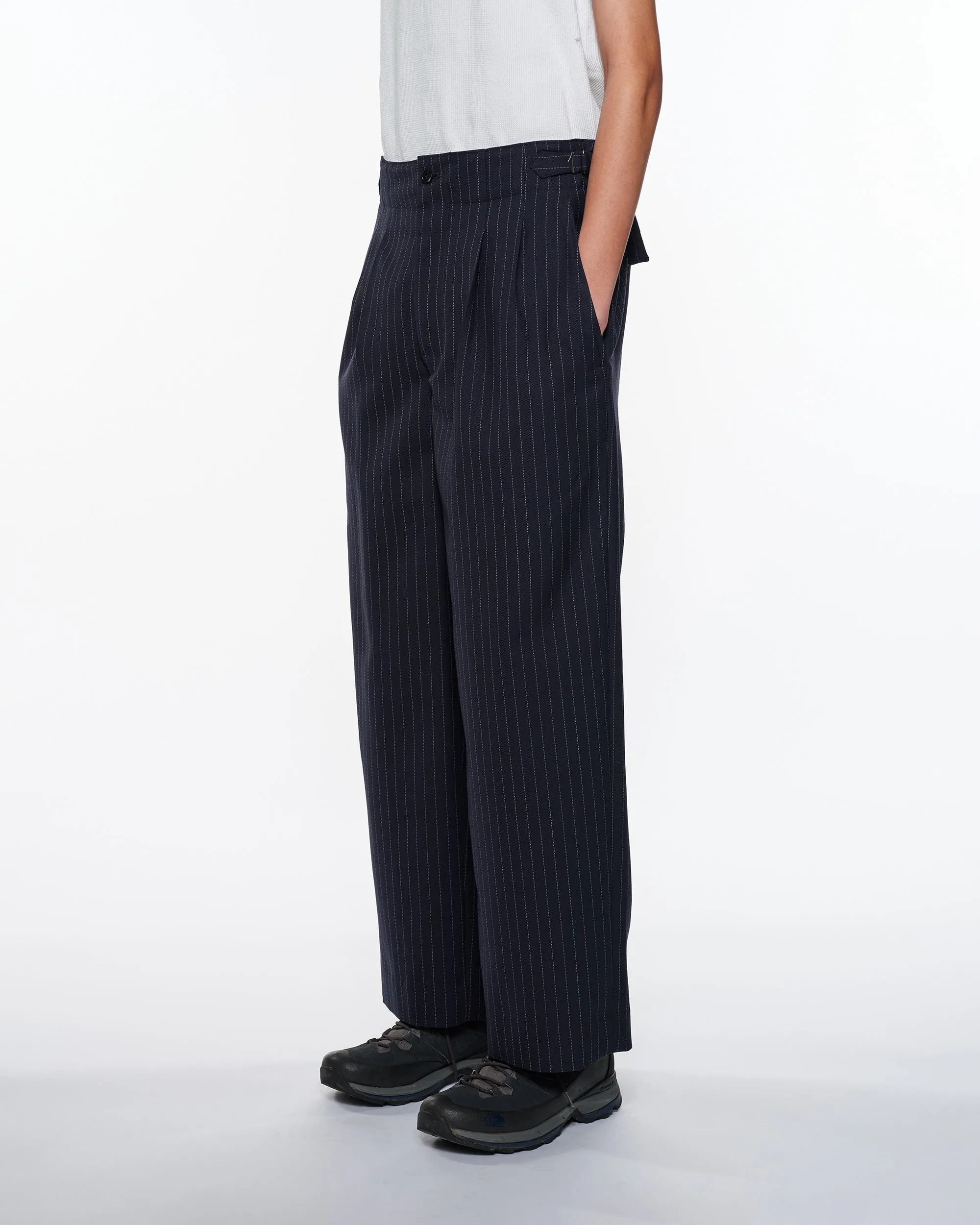 リサイクルポリエステル ノンミュールジングウールギャバジン / 2タックミリタリートラウザーズ, Navy Stripe sold by MARKAWARE product image thumbnail 2