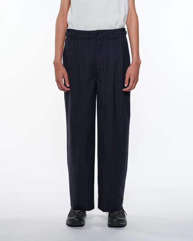 リサイクルポリエステル ノンミュールジングウールギャバジン / 2タックミリタリートラウザーズ, Navy Stripe sold by MARKAWARE