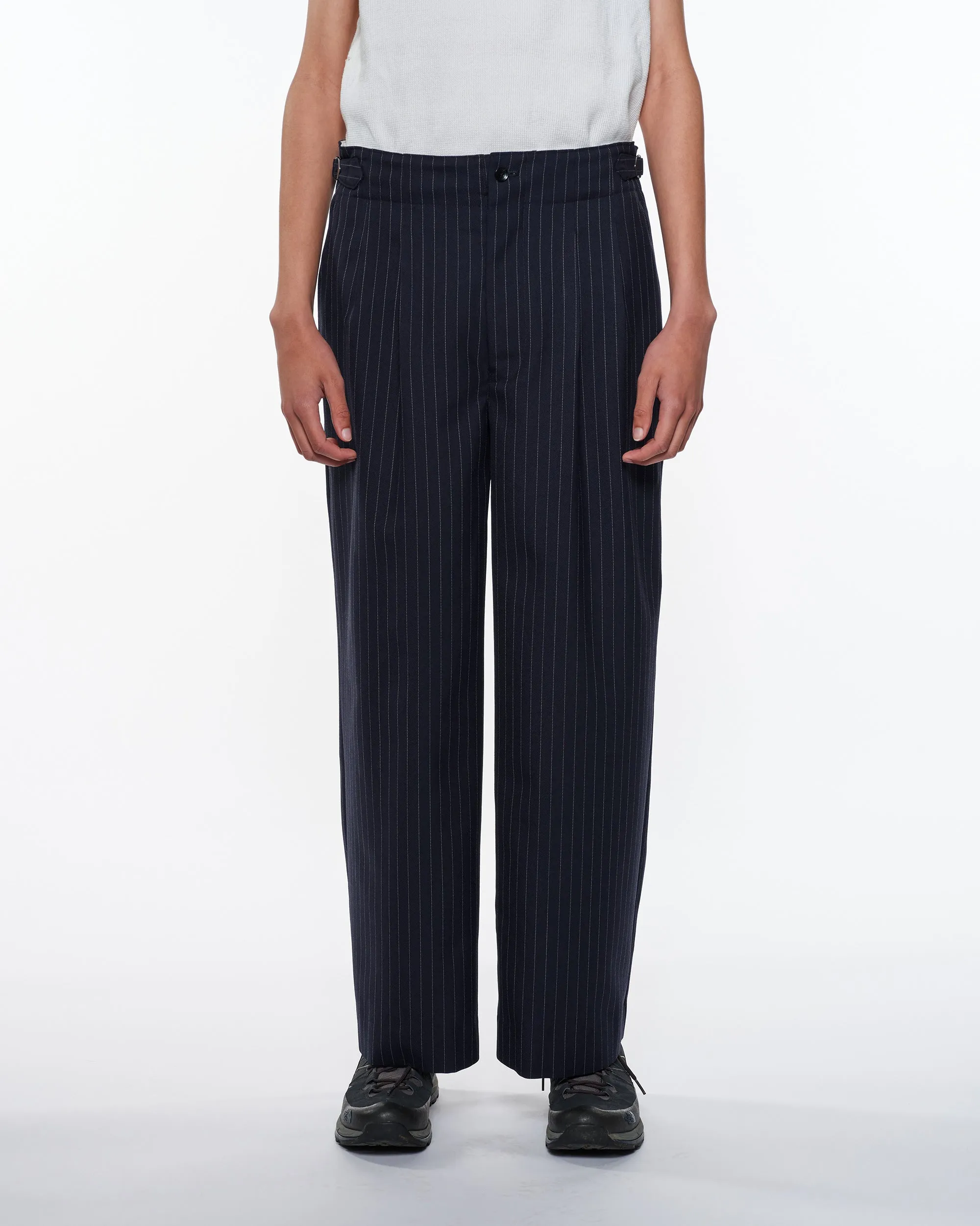 リサイクルポリエステル ノンミュールジングウールギャバジン / 2タックミリタリートラウザーズ, Navy Stripe sold by MARKAWARE