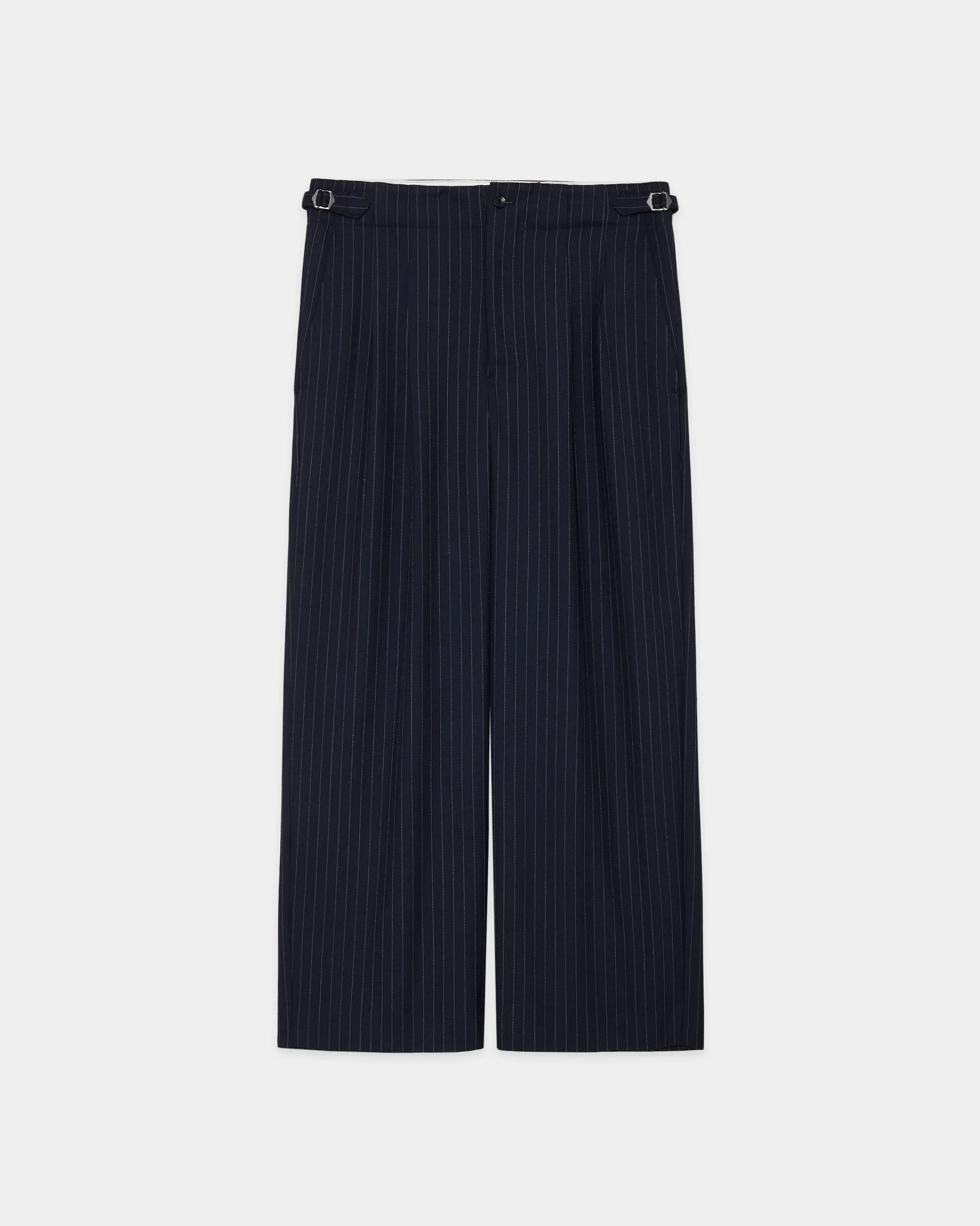 リサイクルポリエステル ノンミュールジングウールギャバジン / 2タックミリタリートラウザーズ, Navy Stripe sold by MARKAWARE product image thumbnail 4